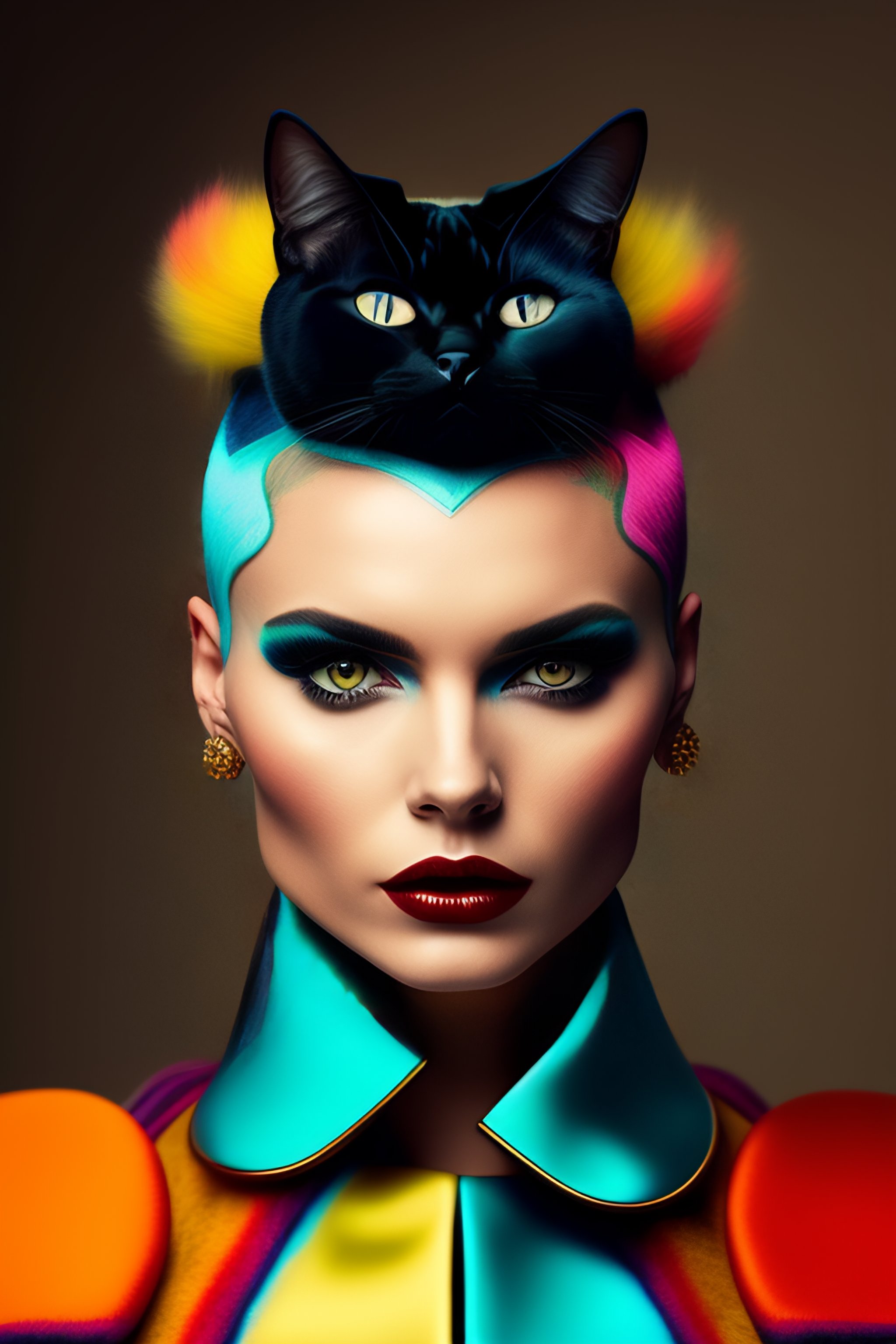Lexica Portrait of a (cat), model by Flora Borsi, style by Flora Borsi, bold, bright coolers