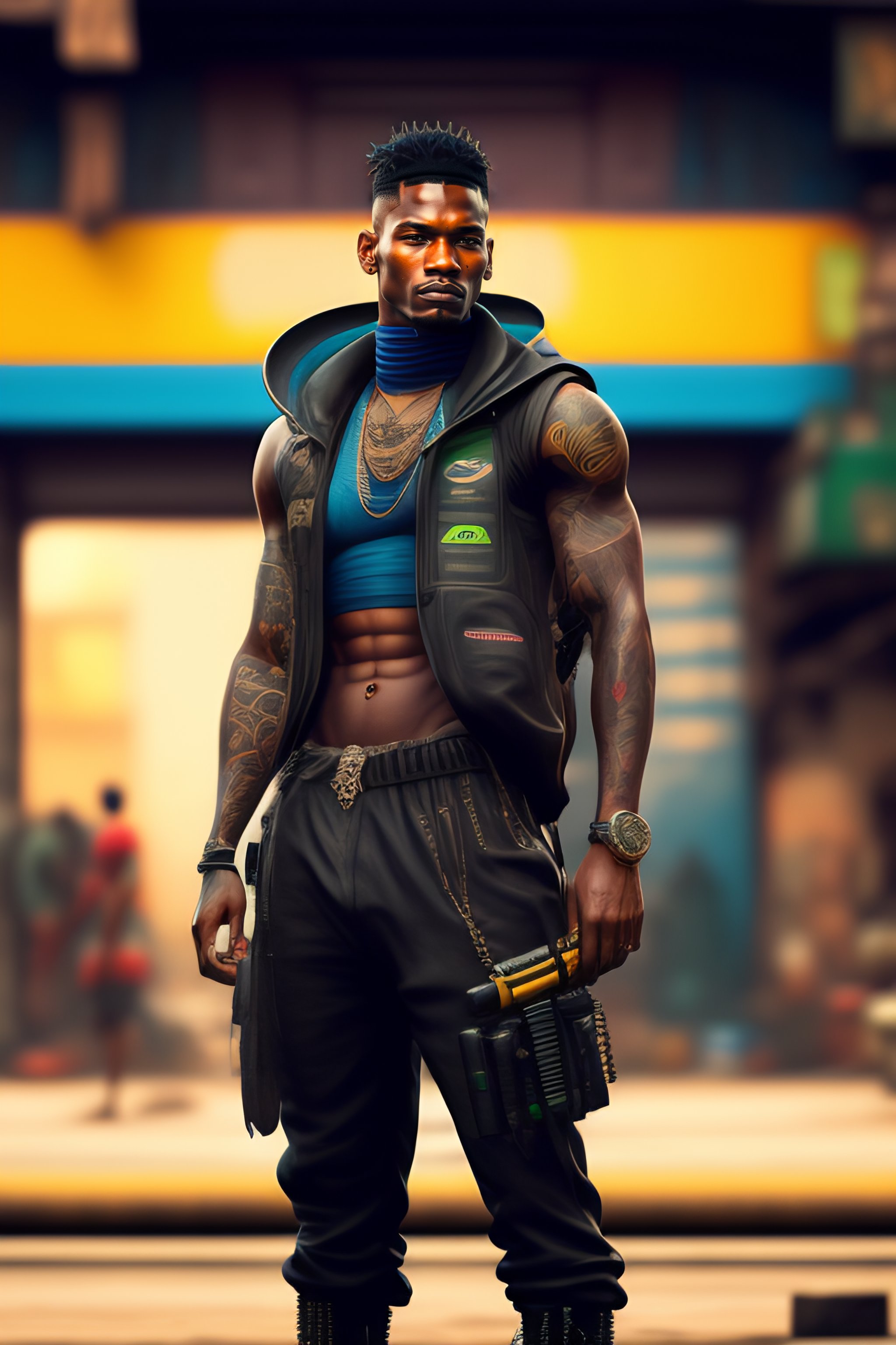 Lexica - Slum cyberpunk man with gun, tattoed, cyberpunk slum rio de ...