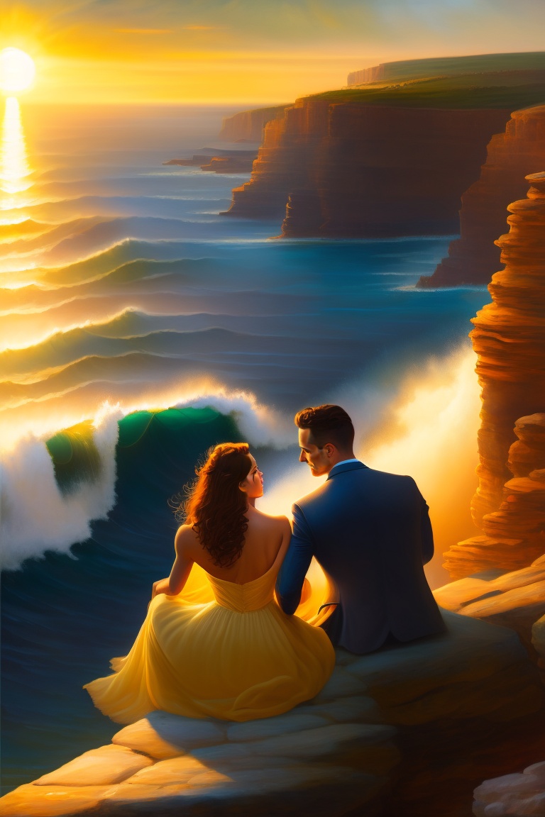 Lexica - In the oil painting, a couple rests on a cliff overlooking the ...