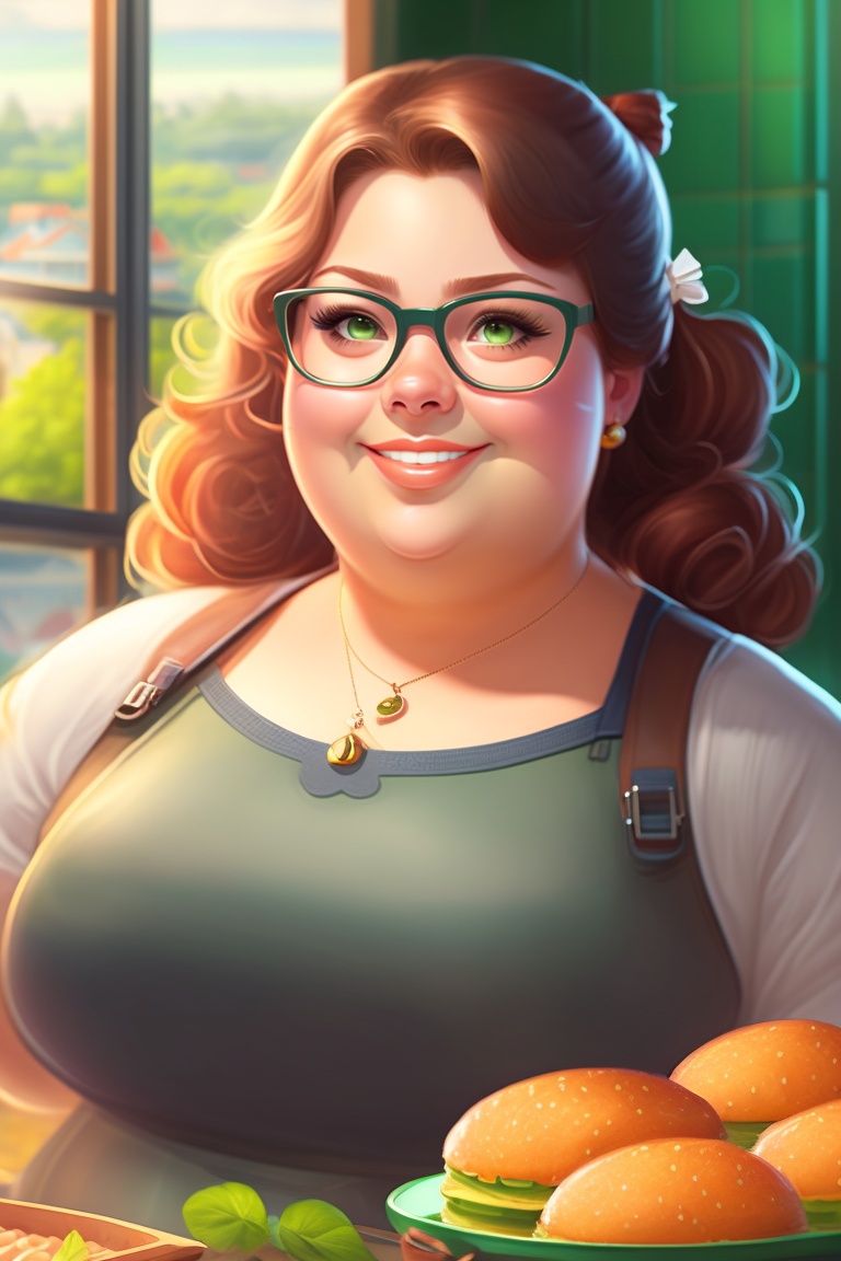 Lexica - Chubby young woman with big glasses baking, beautiful, green eyes,  anime style