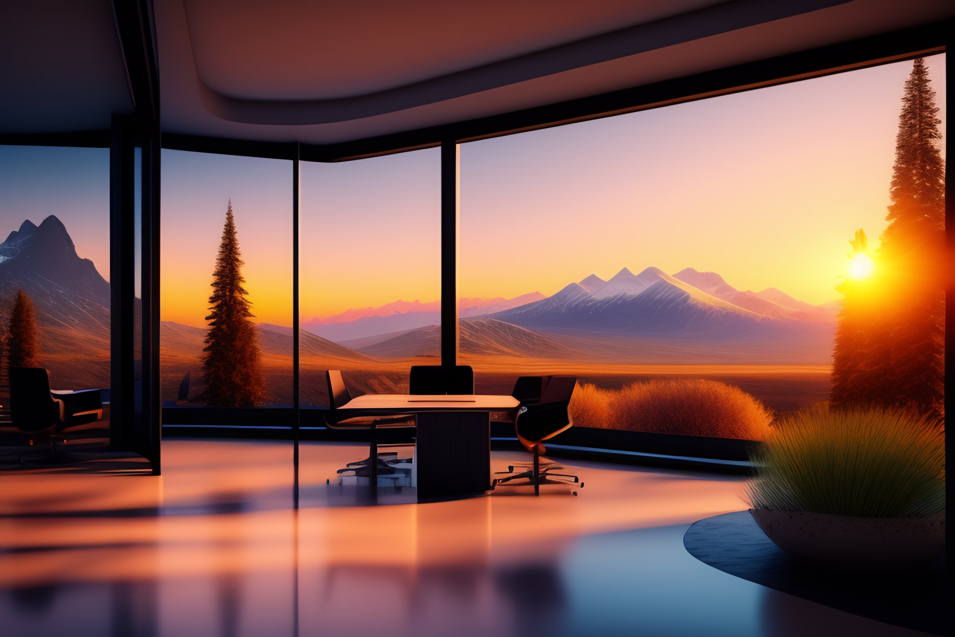 Lexica - Office interiors with vegetation view mountain lac with snow ...