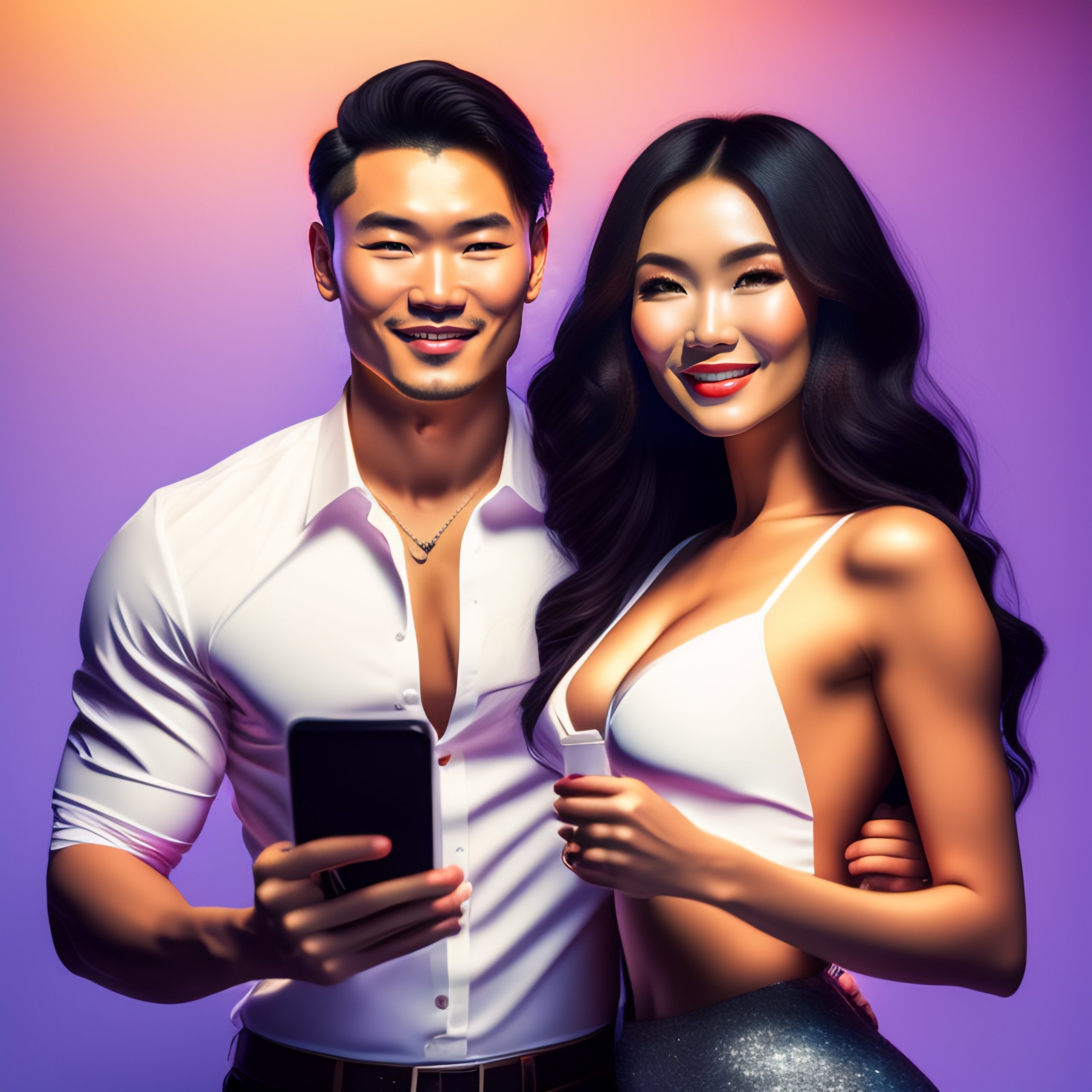 Lexica - Kazakh happy sexy woman holding smartphone and happy sexy man  holding smartphone, smiling, white background, Pop Art, perfect lighting,  cine...