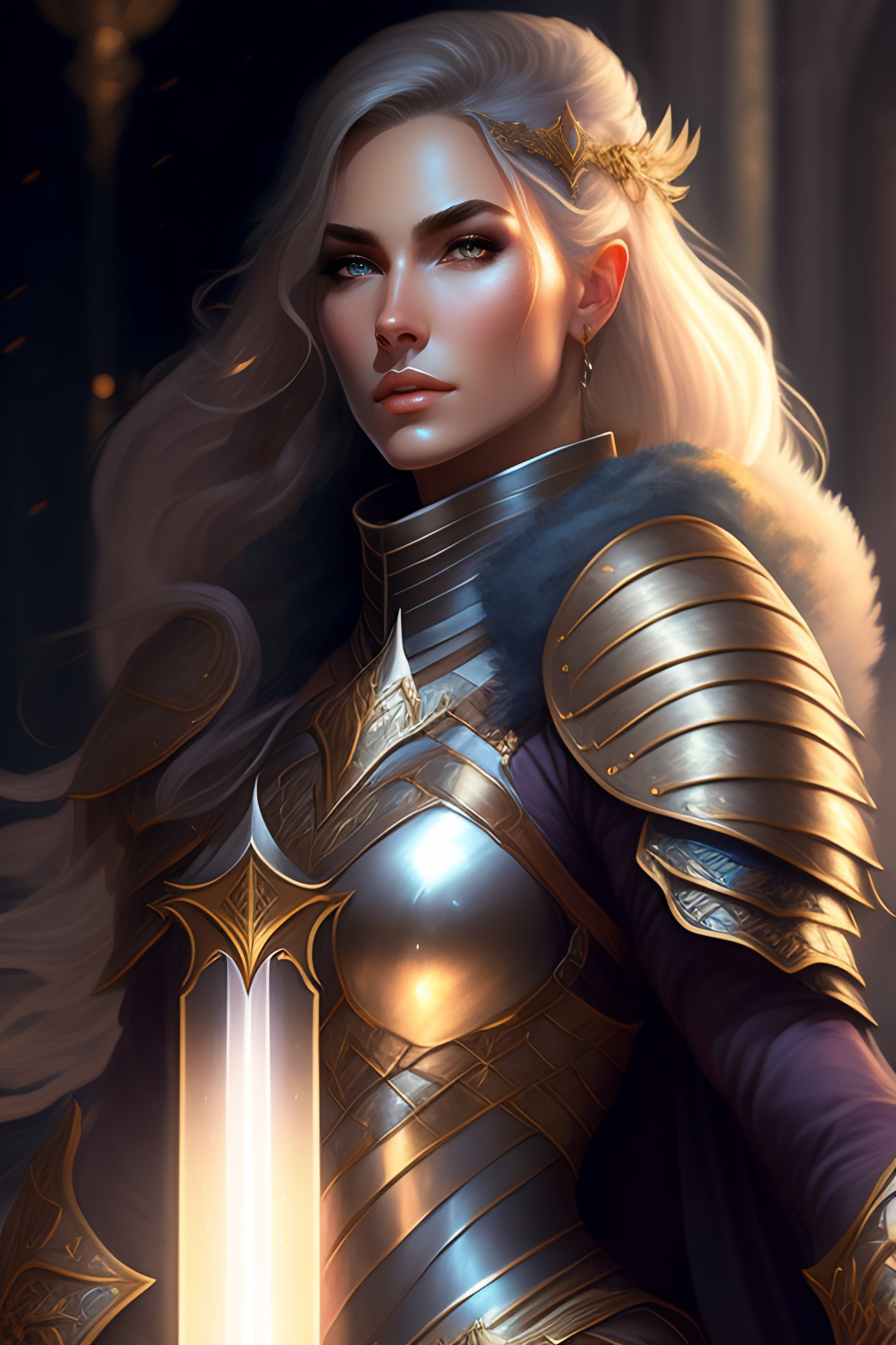 Lexica Female paladin in center, dnd, fantasy, short gray hair