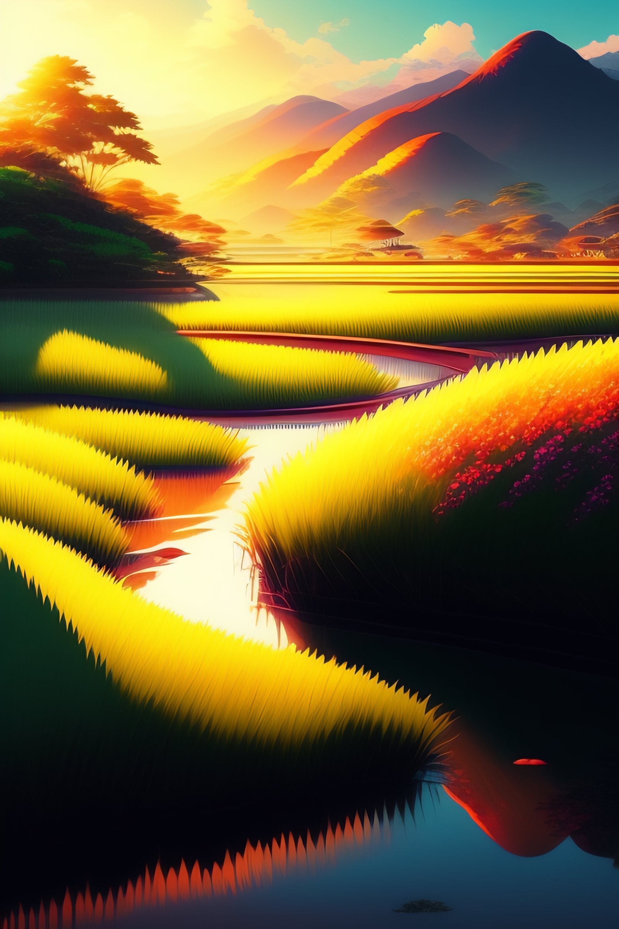 Lexica - Anime style landscape, rice paddy in the background, low sun.