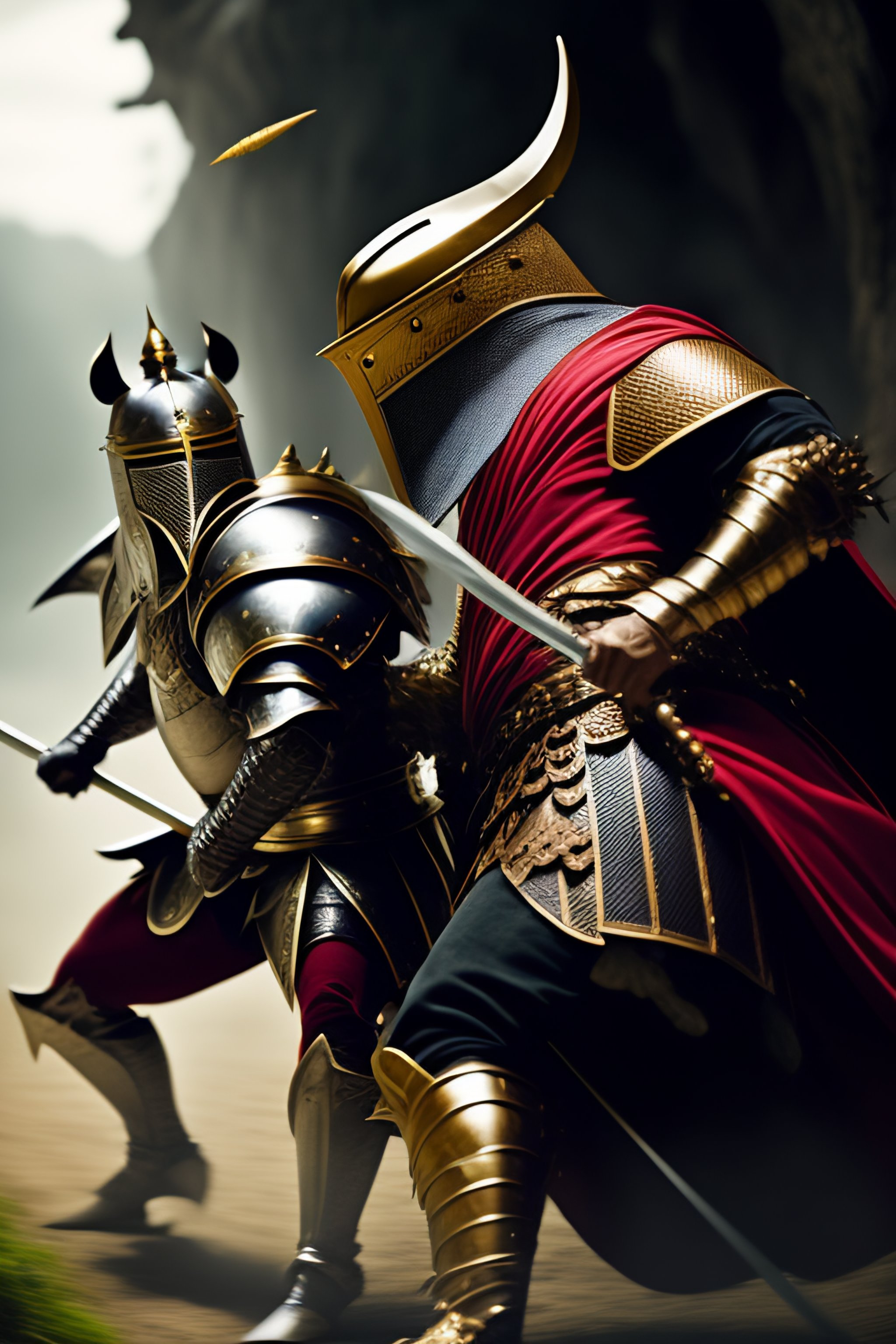 Lexica - Fight scene of a knight and a creature; action, dynamic
