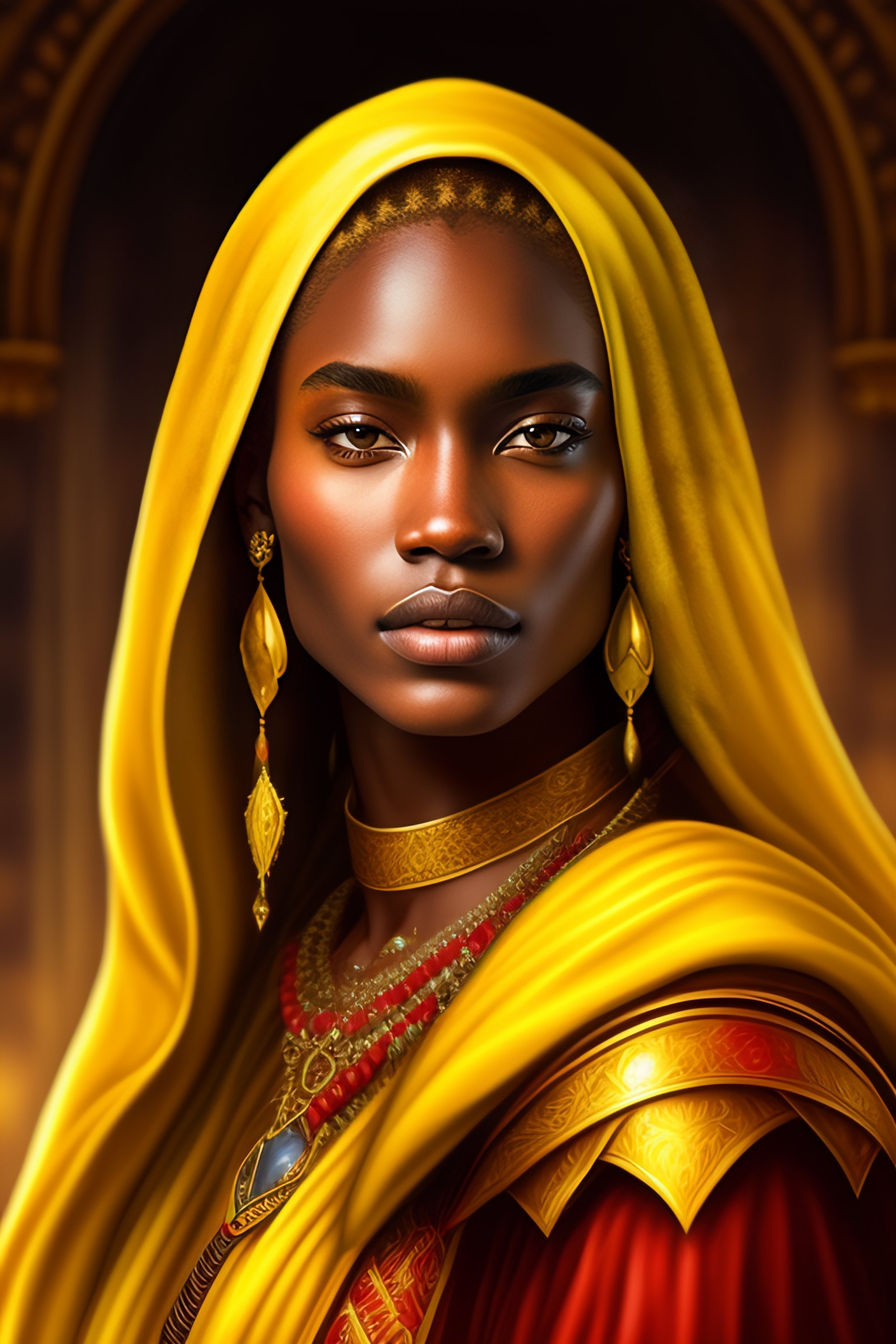 Lexica - Medium-dark skin tone blond hair dnd portrait yellow cloak red ...