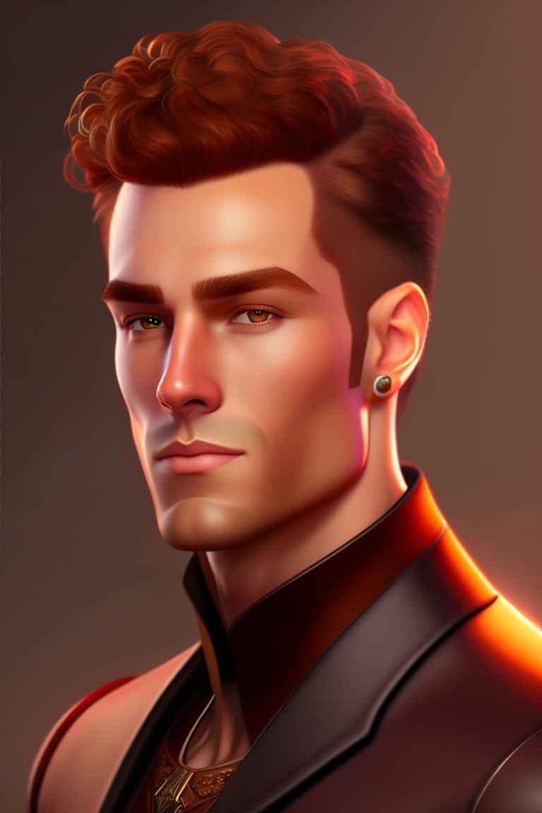 Lexica - A man with brown-red short curly hair, bronze eyes, stubble ...