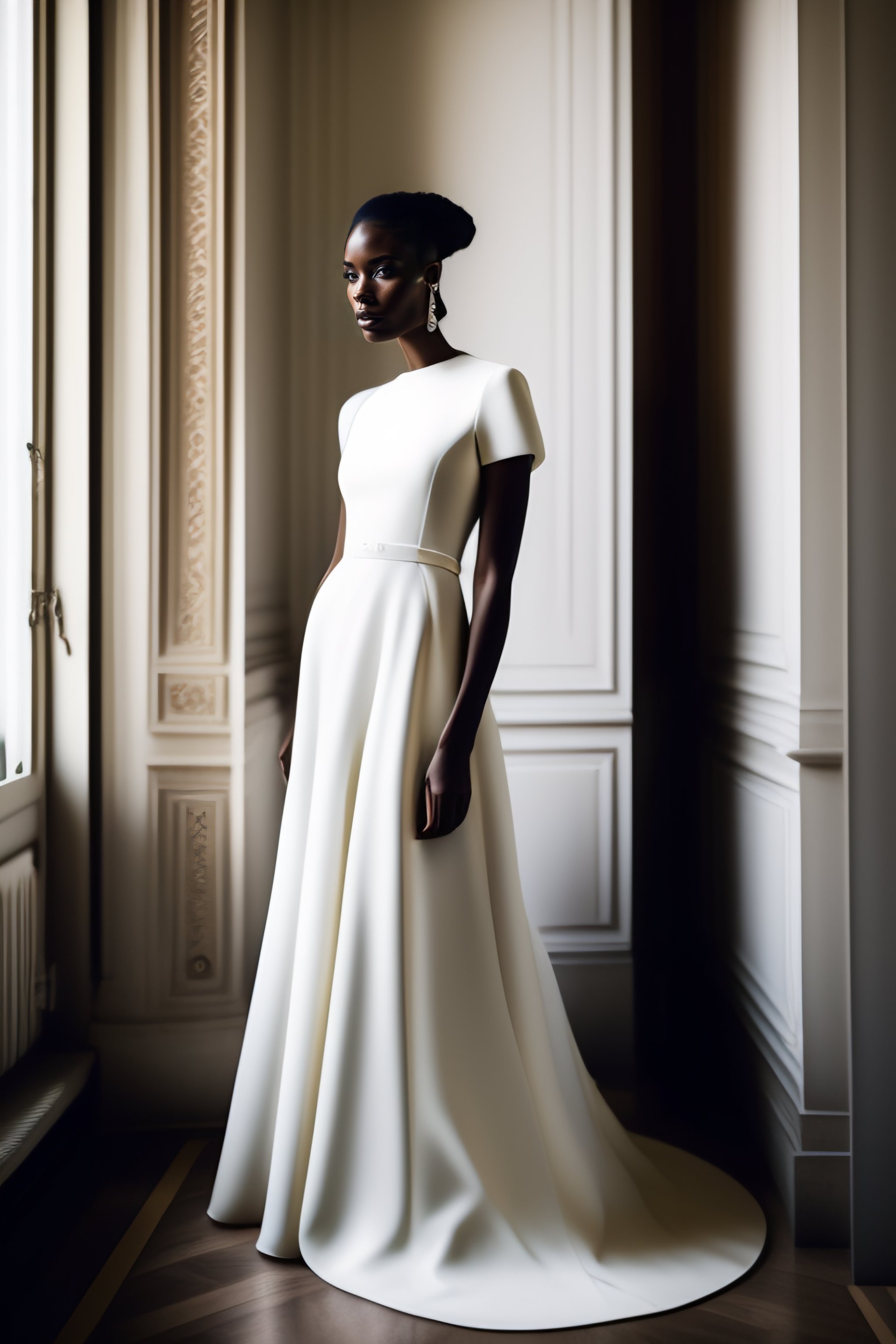 Lexica - Fashion model wearing a long form fitted wedding dress,showing ...