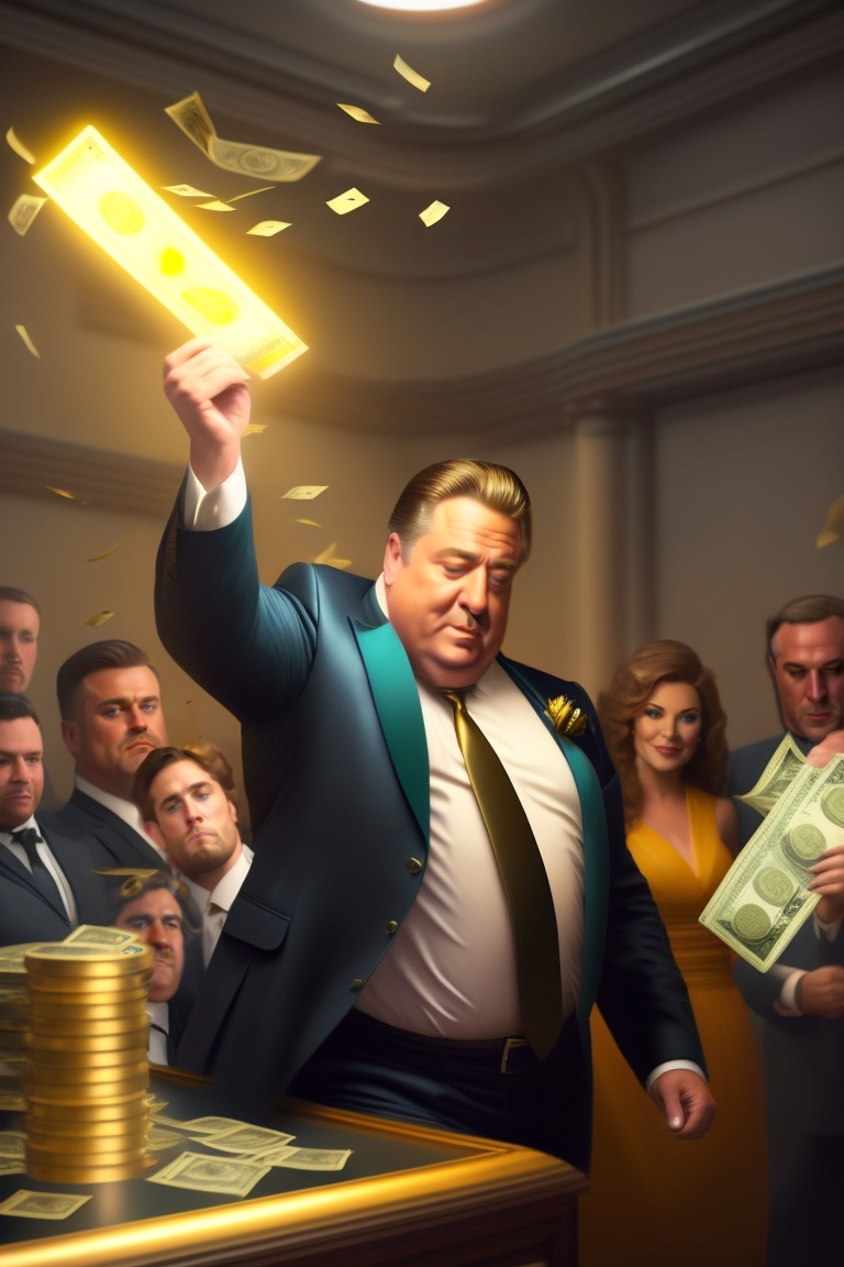 Lexica - Mob boss throwing money in the air, in the vault, gold lighting