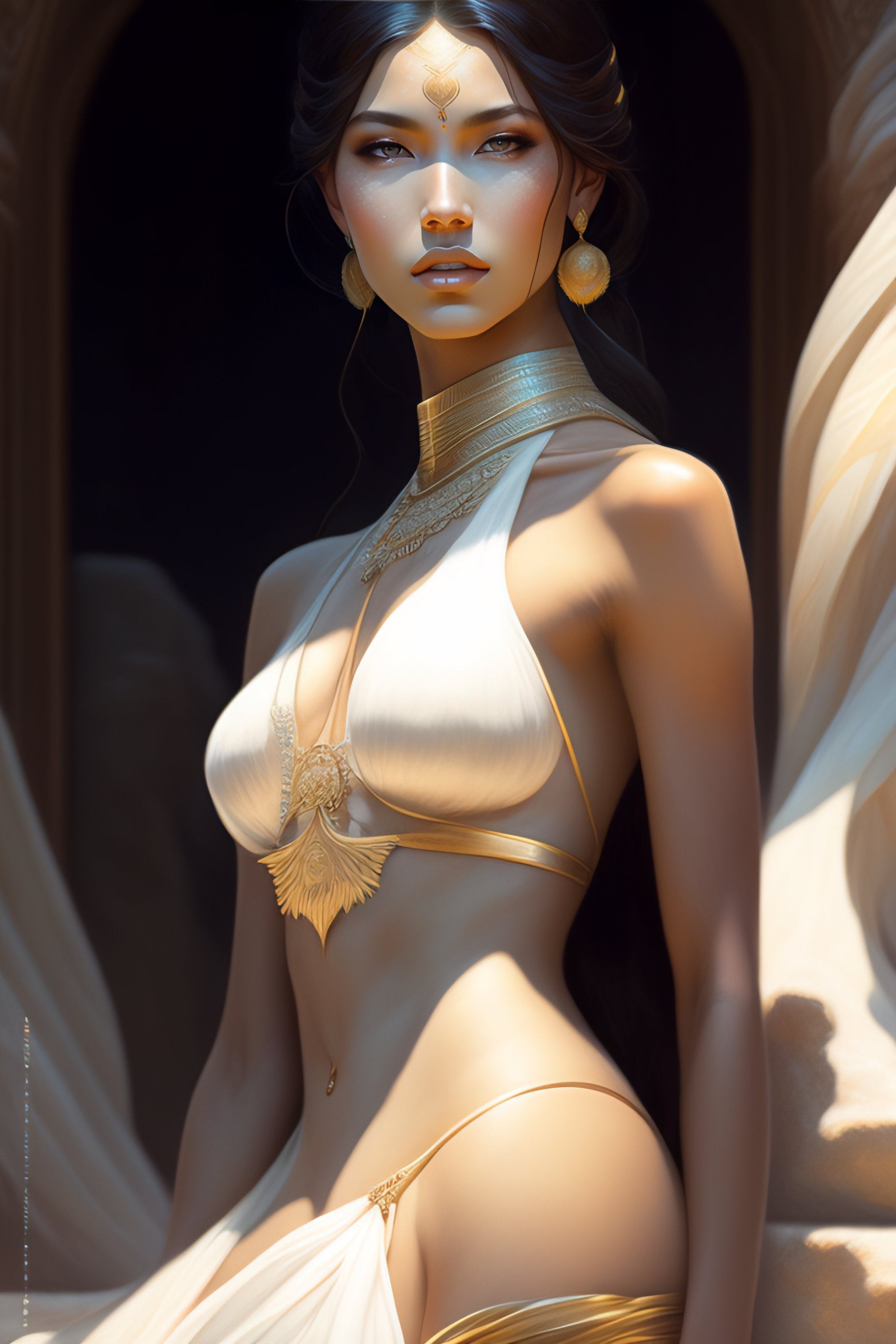 Lexica - Full body shot of super exquisite beautiful girl in intricate  pattern design golden bra,milky white skin body,golden ratio, digital  painting