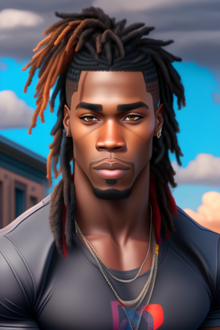 Lexica - A black man in his twenties, with dreadlocks, one blue eye and one  red eye. He is handsome, with a muscular body and a perfect face. He wear...