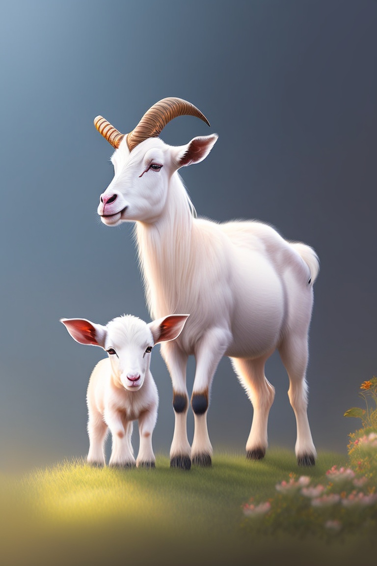 Lexica - Generates a realistic and cute image of two goats, one is a ...