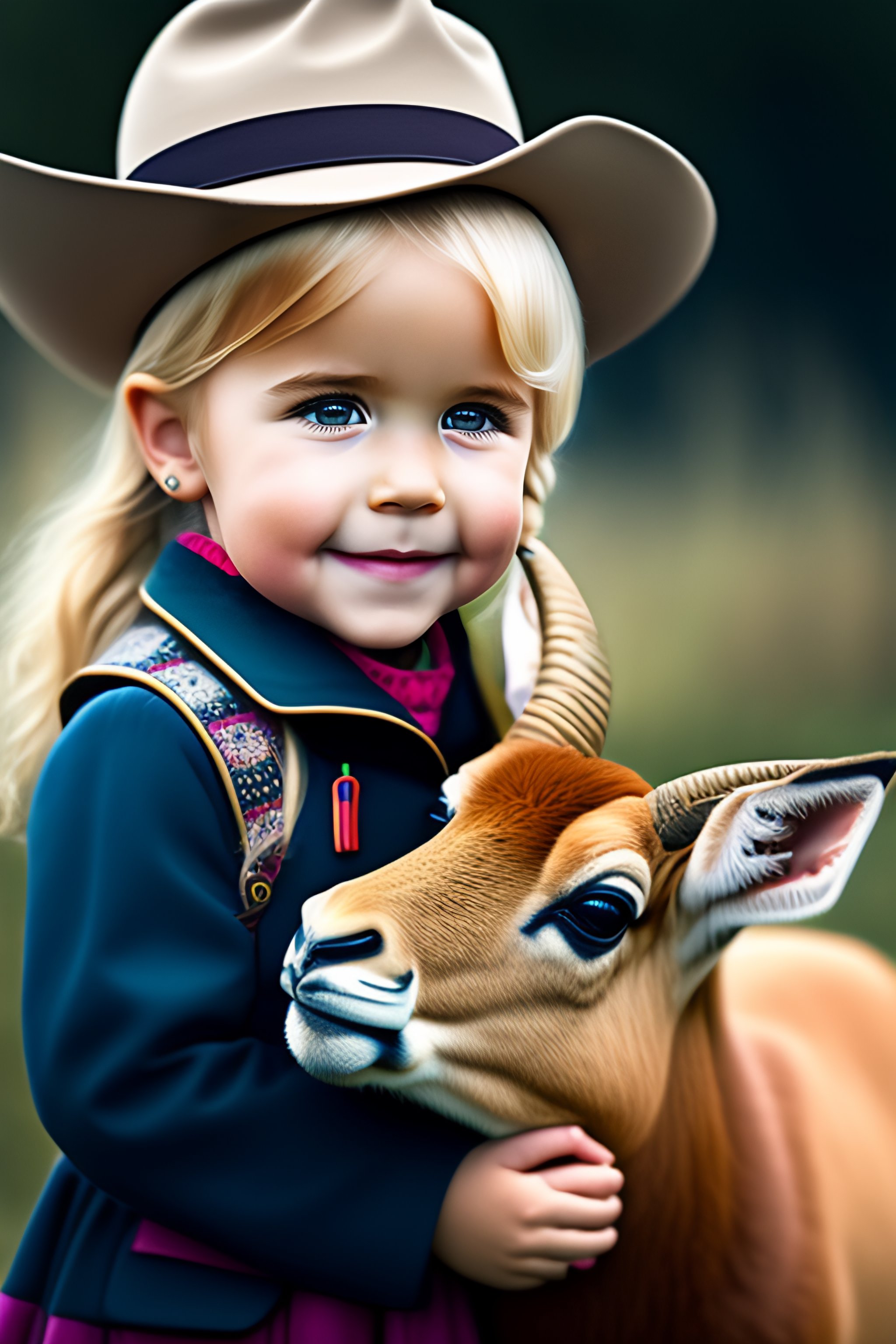 lexica-a-3-year-old-blonde-girl-with-a-hat-petting-a-cute-ibex