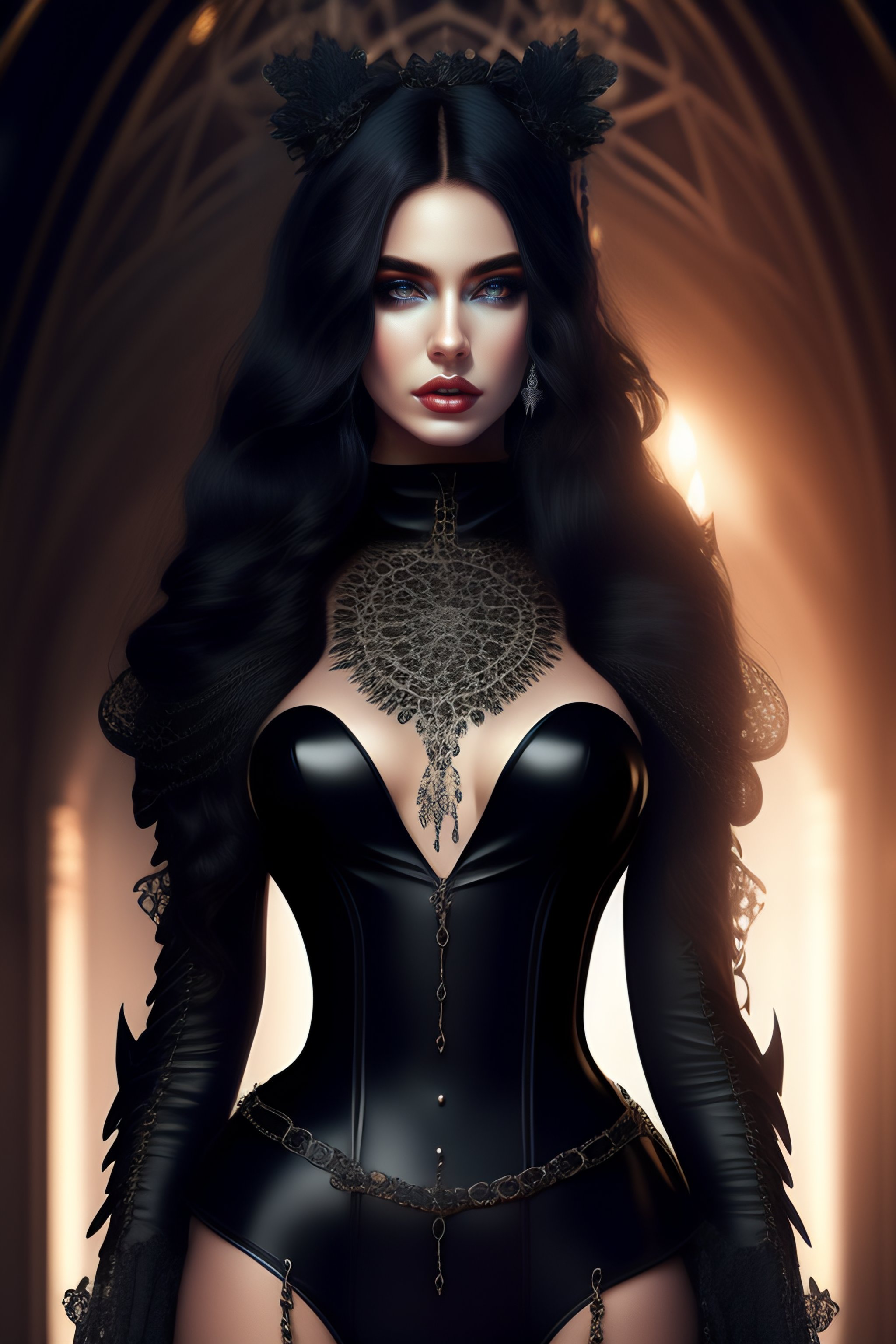 Lexica - Dreamy gothic girl, black leather slim clothes, chains ...