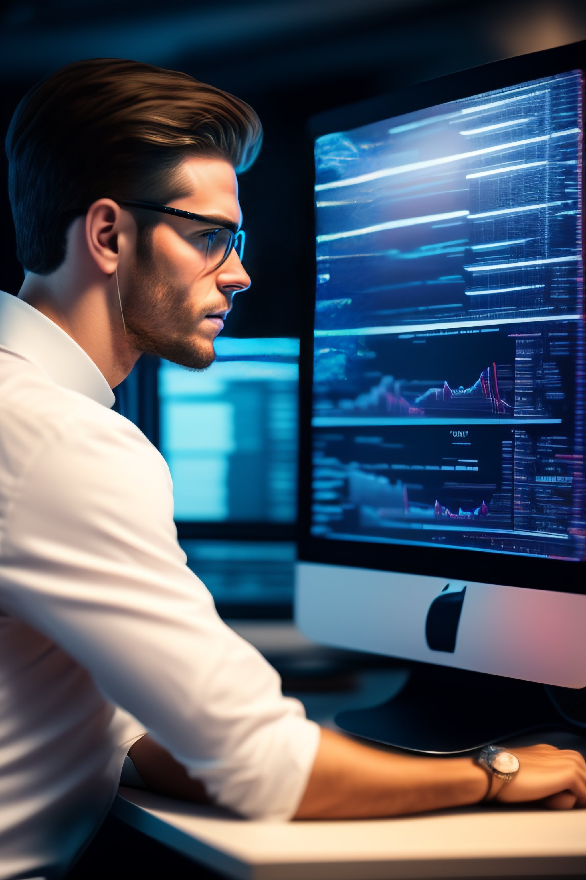 Lexica - Portrait of a male white man with a pc with two monitors and ...