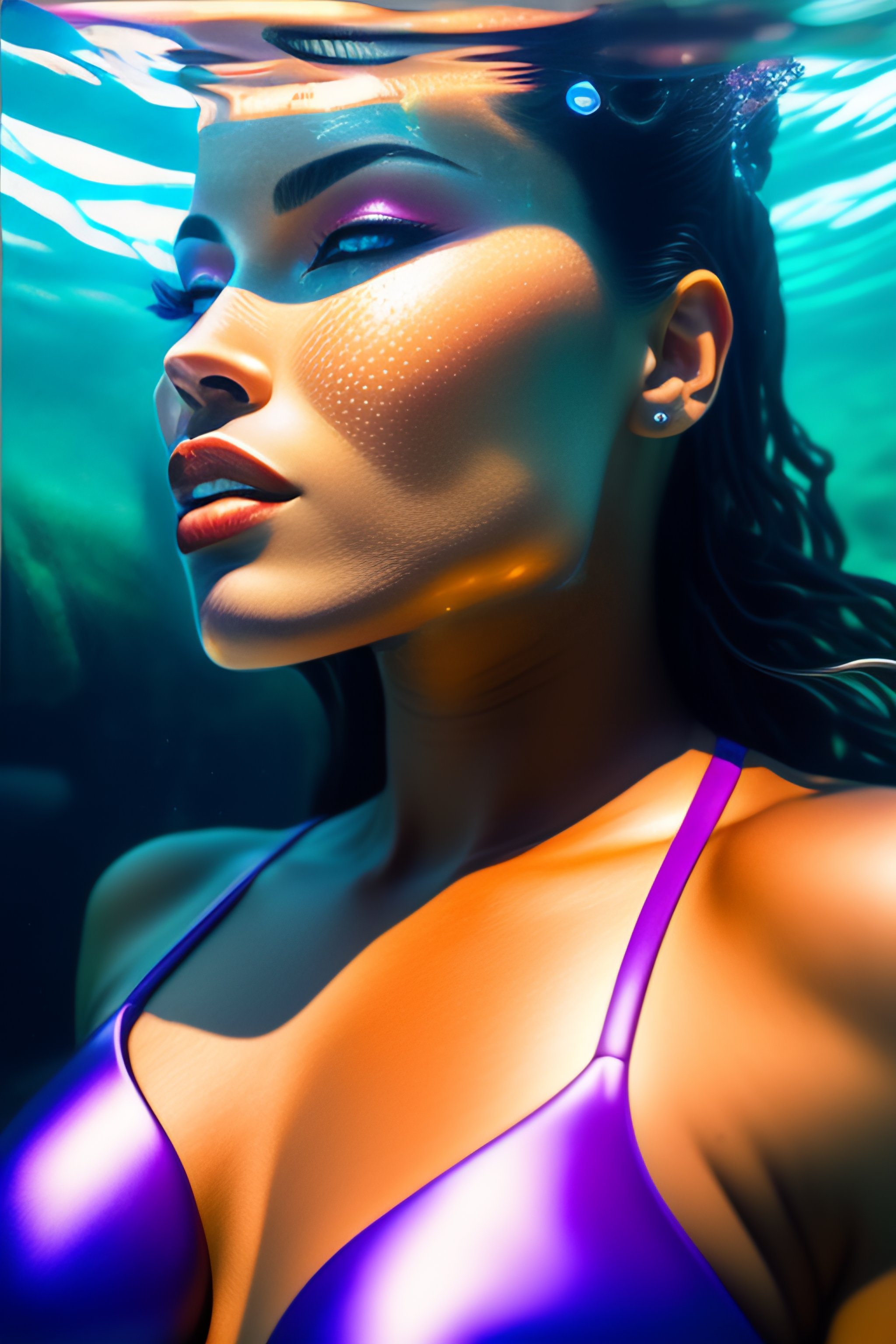 Lexica Underwater Beautiful Strong Woman Full Body Entwined With Kelp Hyperrealistic Backlit