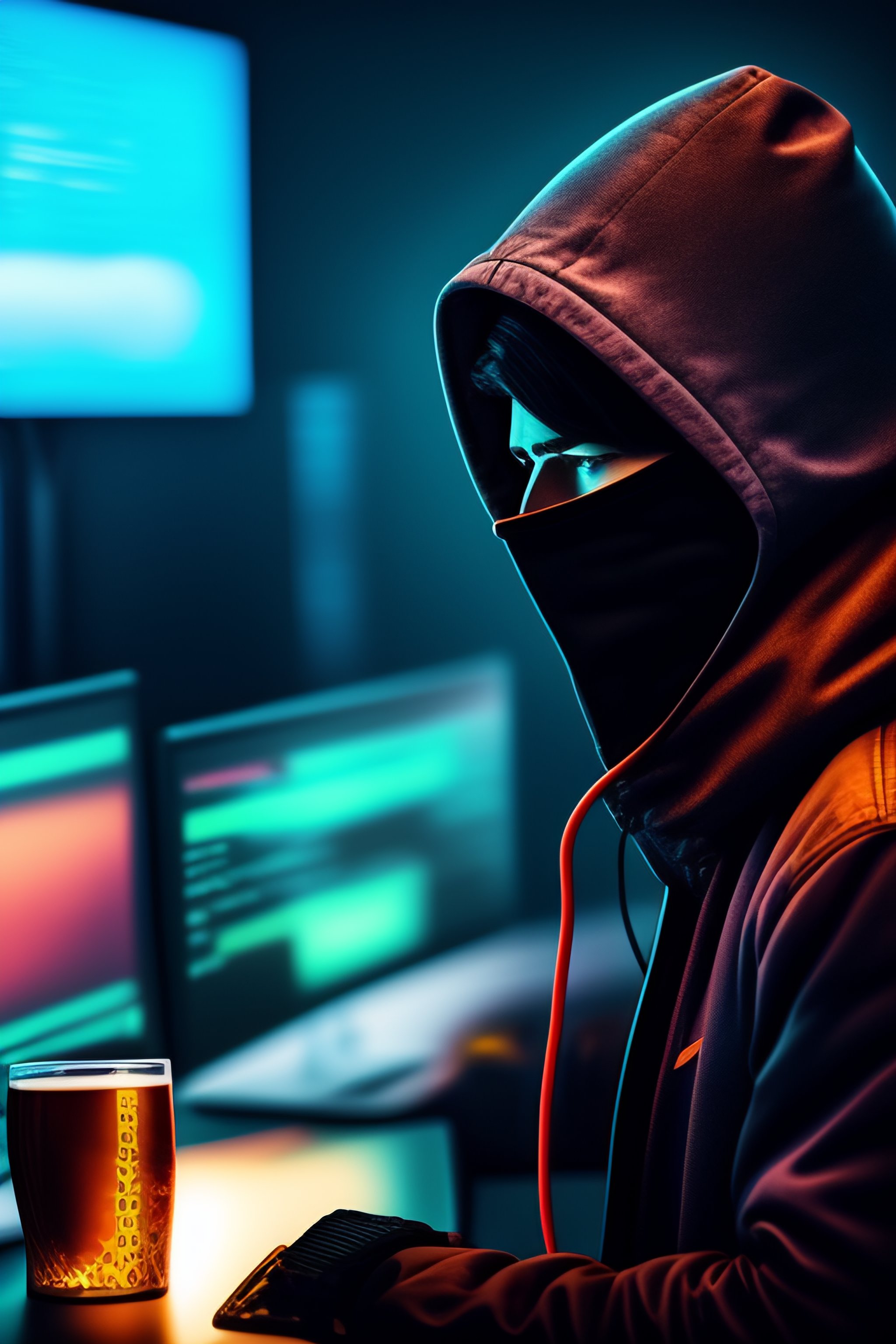 Lexica - Generate an image of a hacker in a mask at a computer with an ...