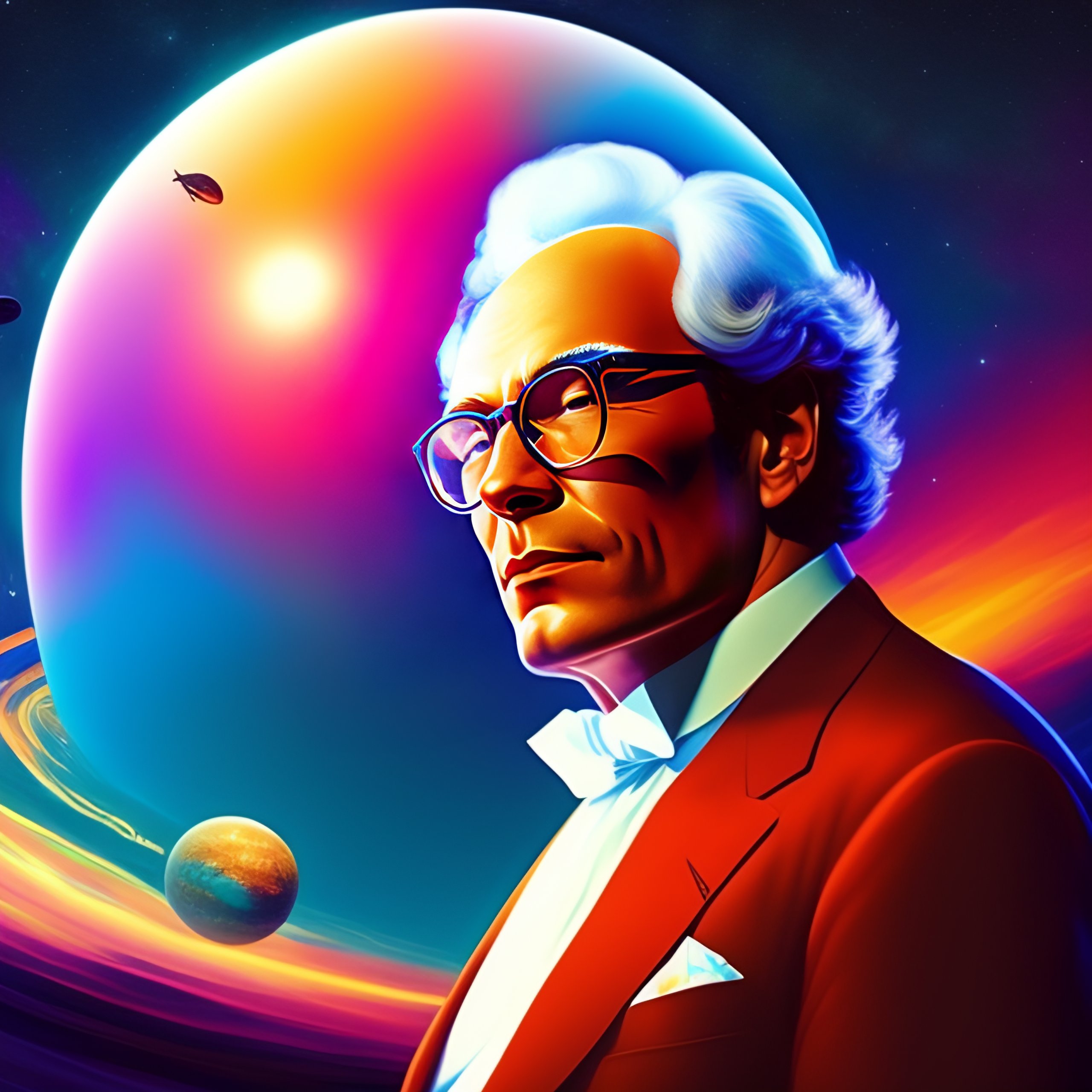 Lexica Isaac Asimov with white sideburns, illustration for the novel