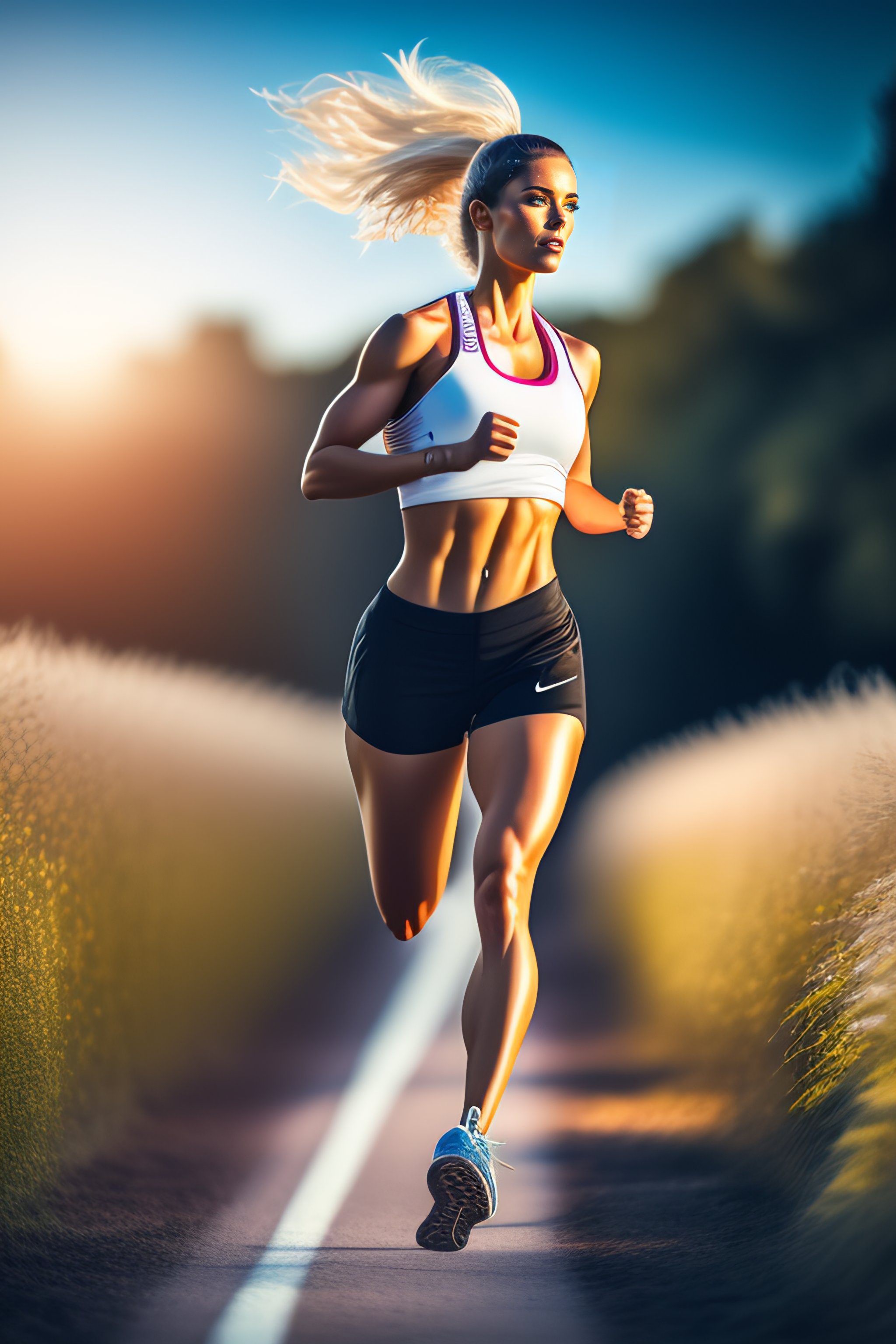 Lexica - Wide angle white skinned fitness girl goddess running coverd by  leafs,realistic, 8k, 3d , full body, musclar, photo realistic, sharp focus