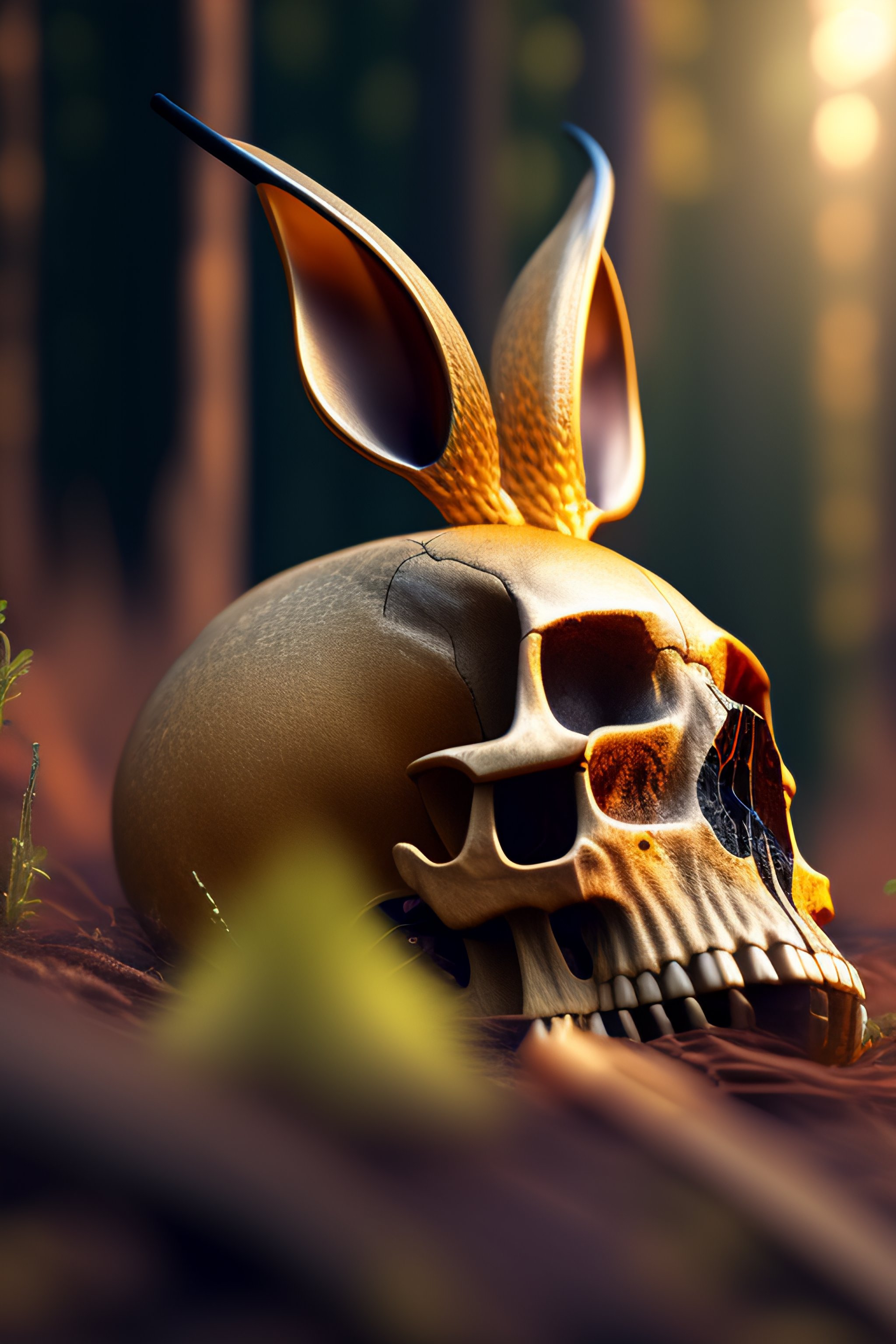 Lexica - The skull of a jackrabbit laying on the ground of a dark