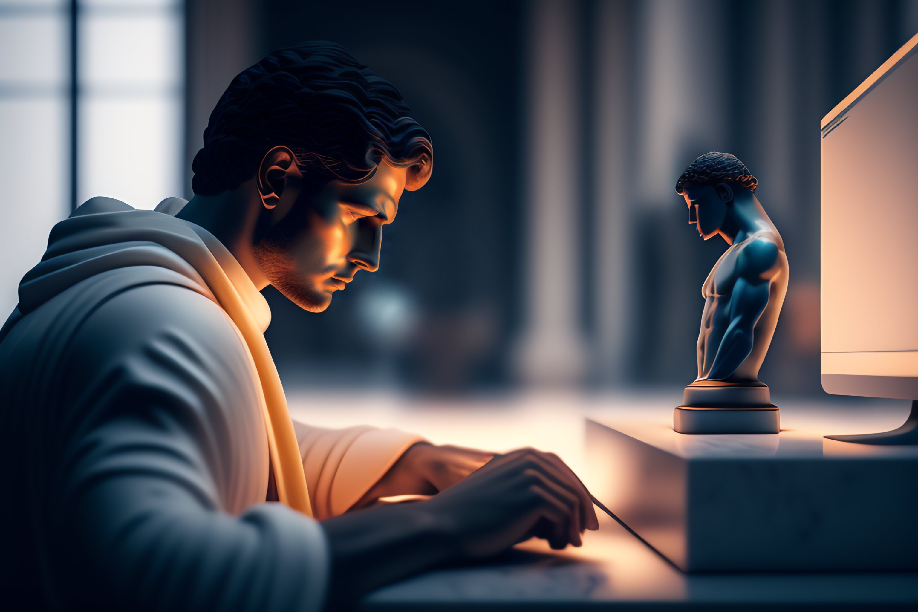 Lexica - A portrait of a marble statue man coding on his computer, in ...