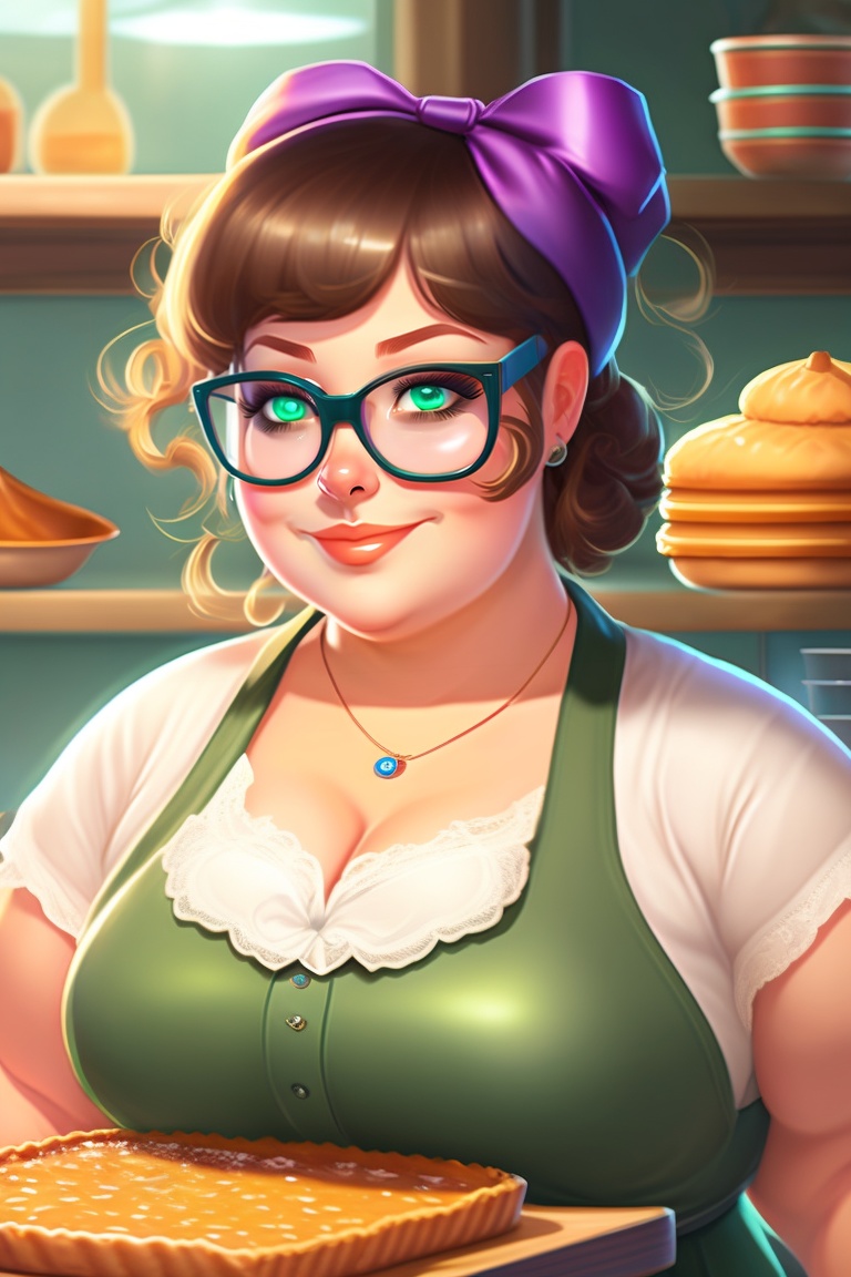 Lexica - Chubby young woman with big glasses baking, beautiful, green eyes,  anime style