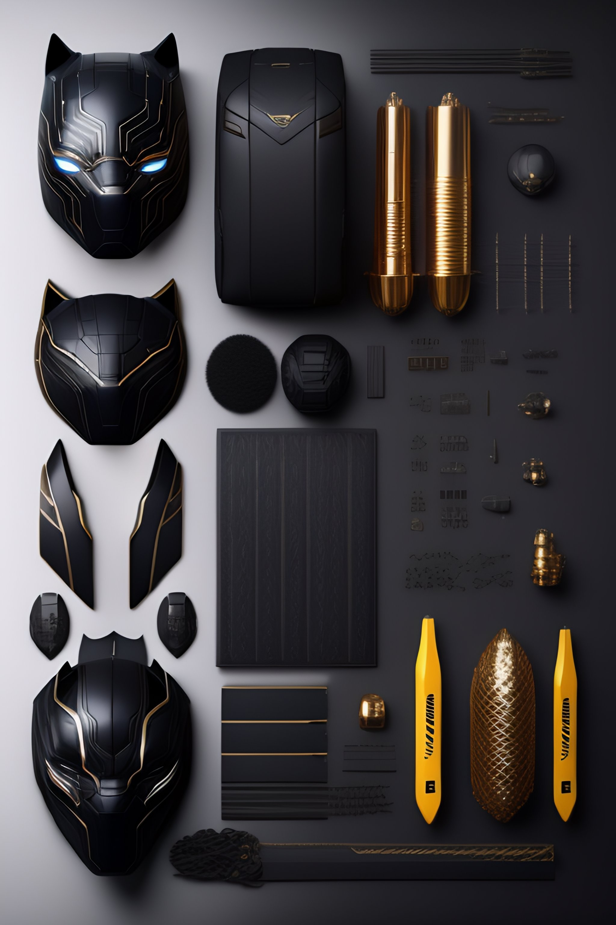 Lexica - Black Panther suit, Costumes and mechanical parts, Knolling ...