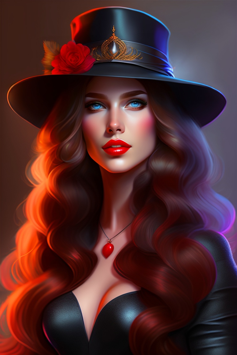 Lexica - Vamp woman, bright red lips, blue eyes, long curly hair, brown ...