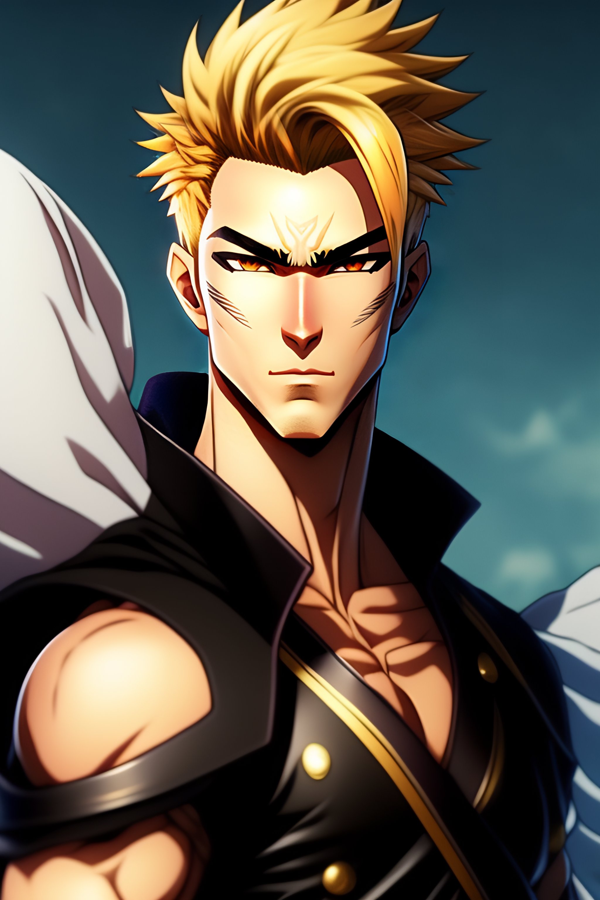 Lexica - Anime character who is a tall, muscular young man with short,  spiky blonde hair and dark eyes. He has a bold and confident demeanor, and  he ...