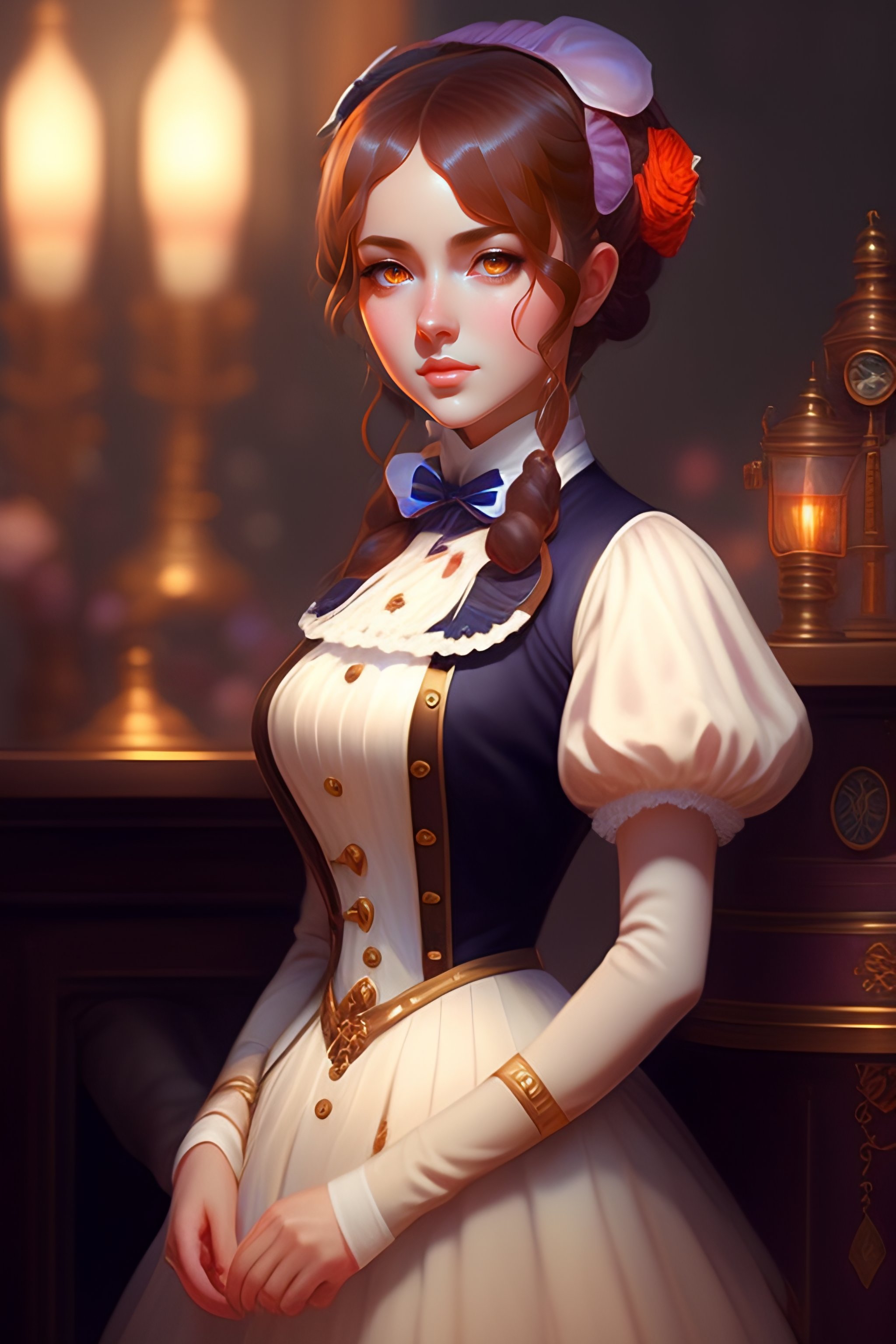 Lexica - A portrait of a cute young Victorian maid,beautiful girl beautiful  woman, steampunk setting, vivid colors, soft lighting, atmospheric, cinem...