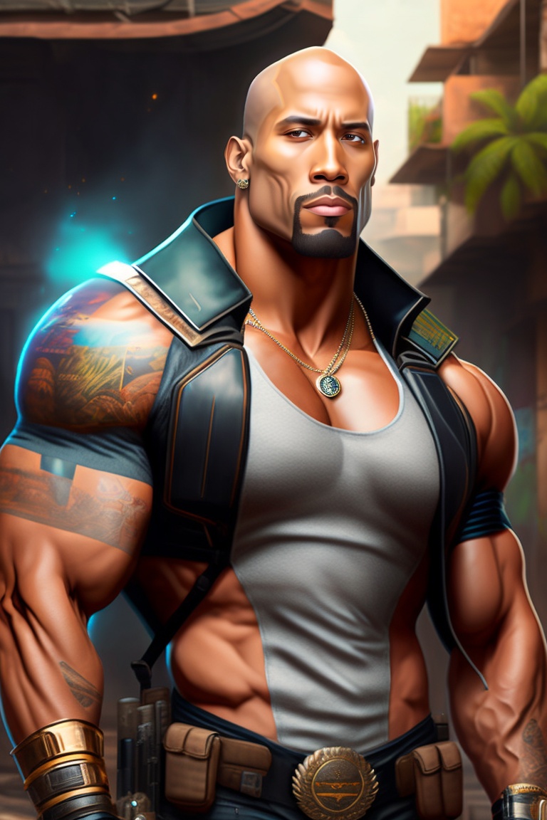 Lexica - Dwayne johnson, slum cyberpunk brazilian white man, holding a ...