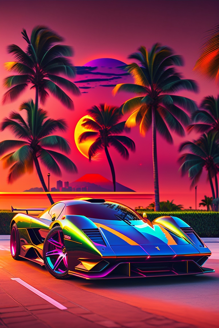 Lexica - Retrowave, Miami, palm trees, supercar, sun, realistic ...