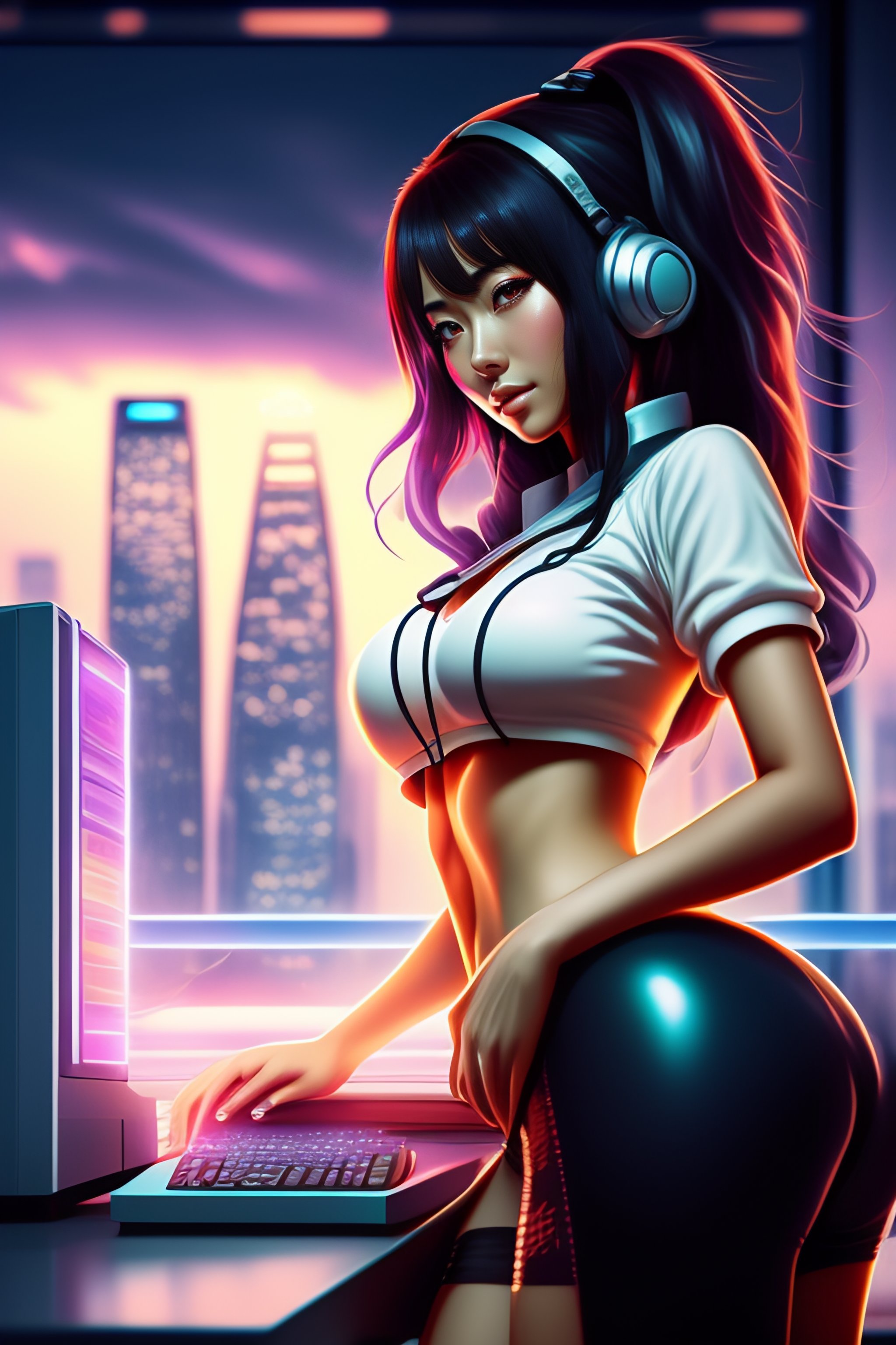 Lexica Sexy Anime Girl Working On Computer In Loft Skyline