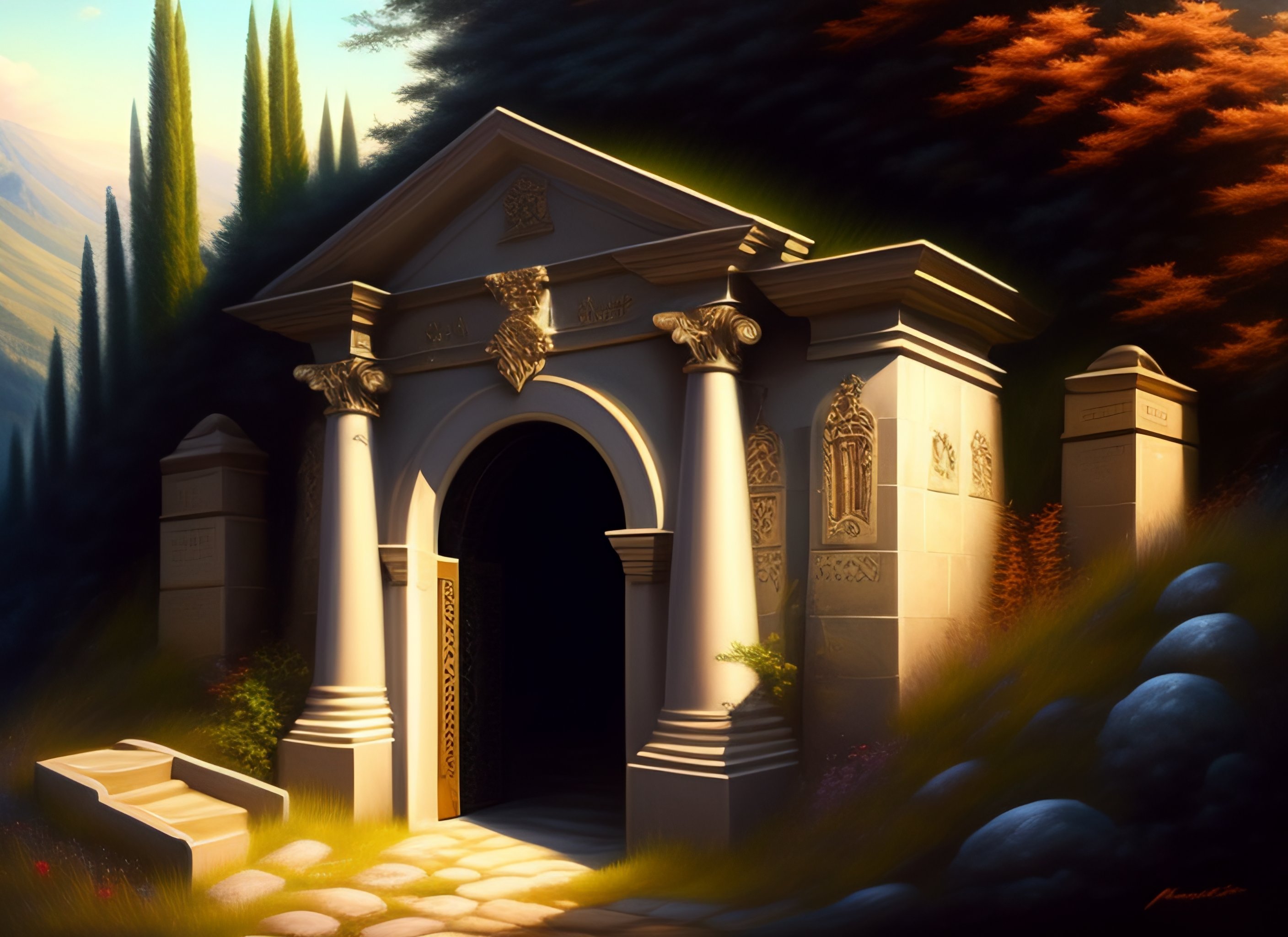 Lexica Sealed entrance to a crypt built into a hillside, painting