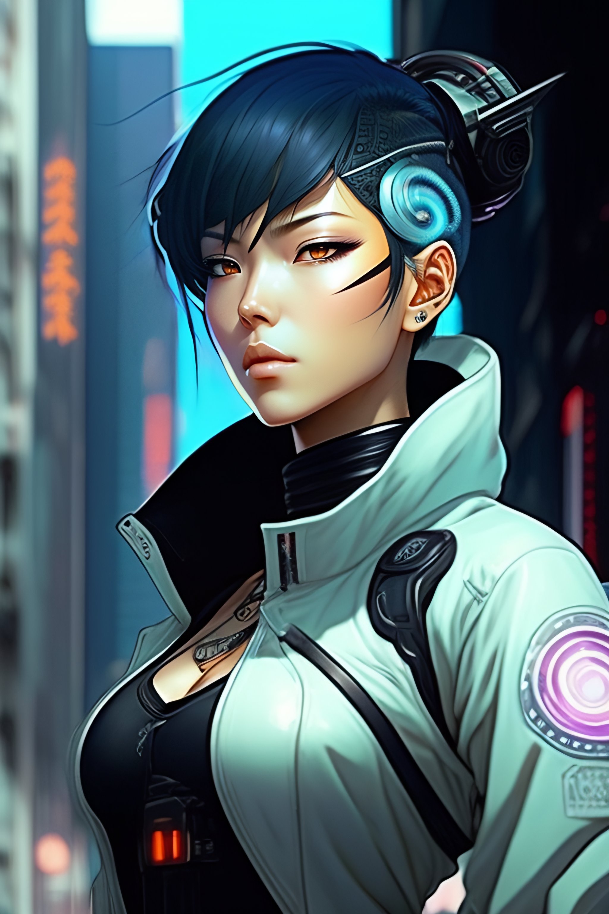 Lexica - Anime cyberpunk woman with black brown short hair, light blue ...