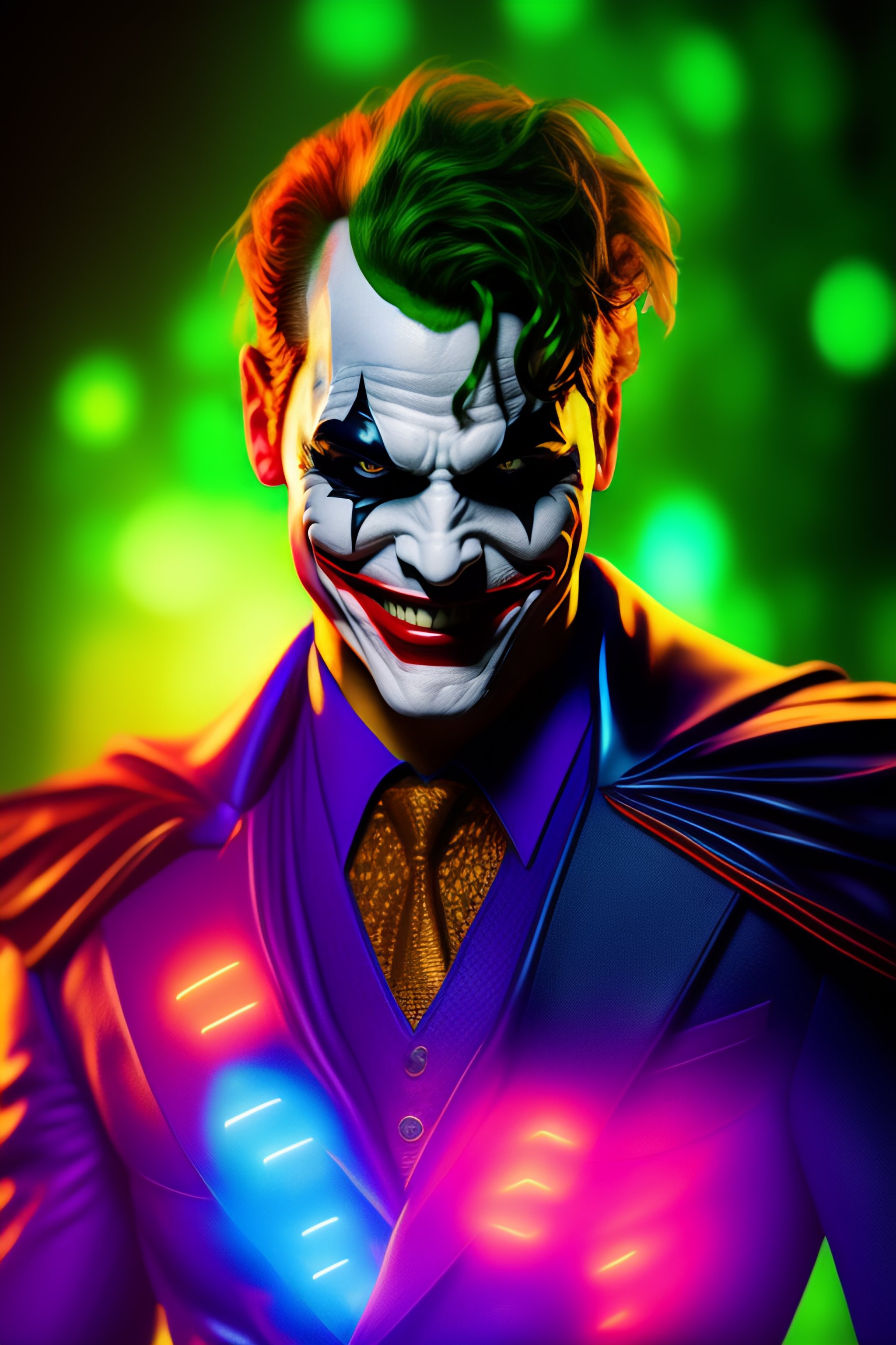 Lexica - The joker wearing the batman suit, vivd colors, glowing lights