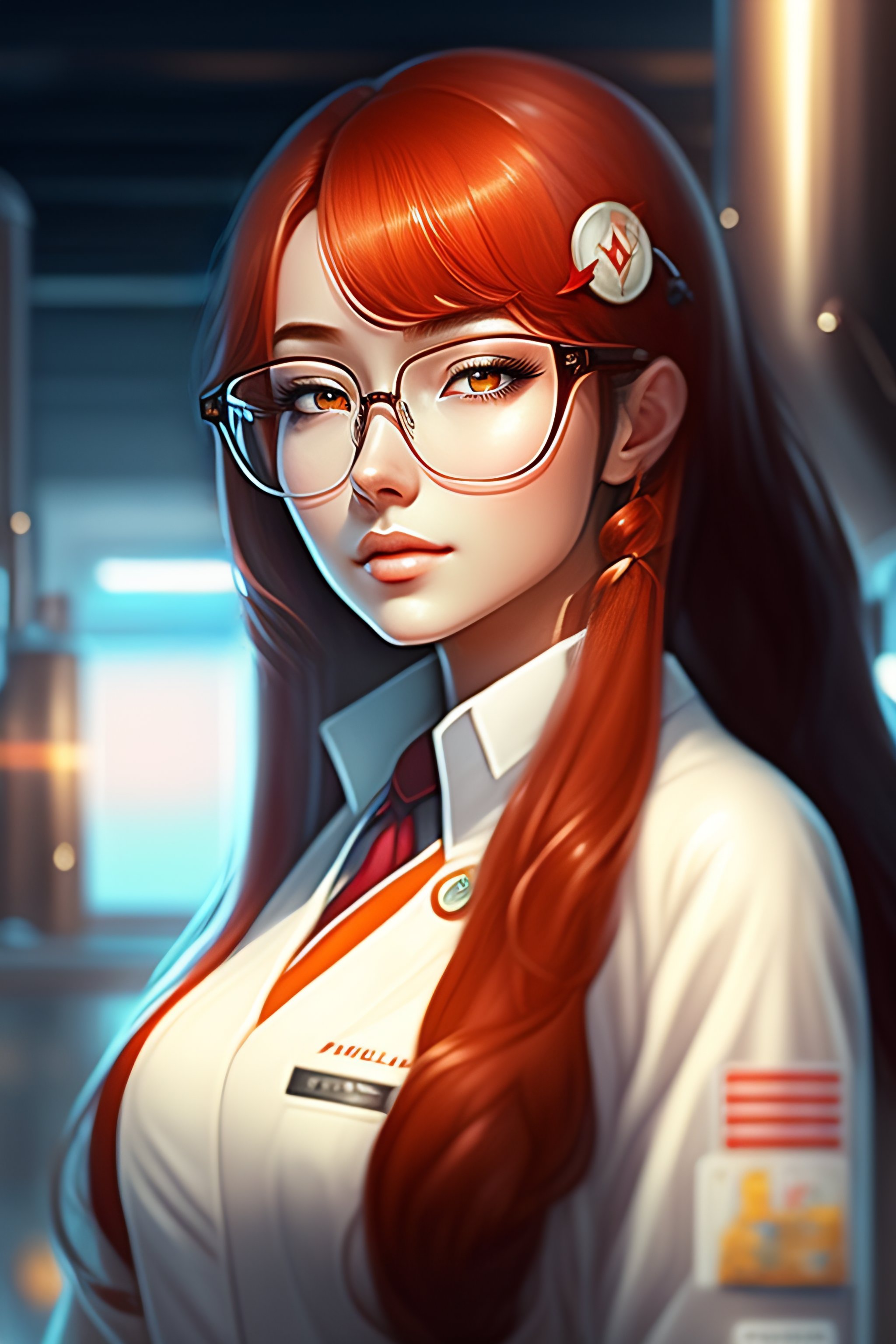 Lexica - Beautiful Anime Girl With Long Red Hair, Wearing Lab Coat And ...