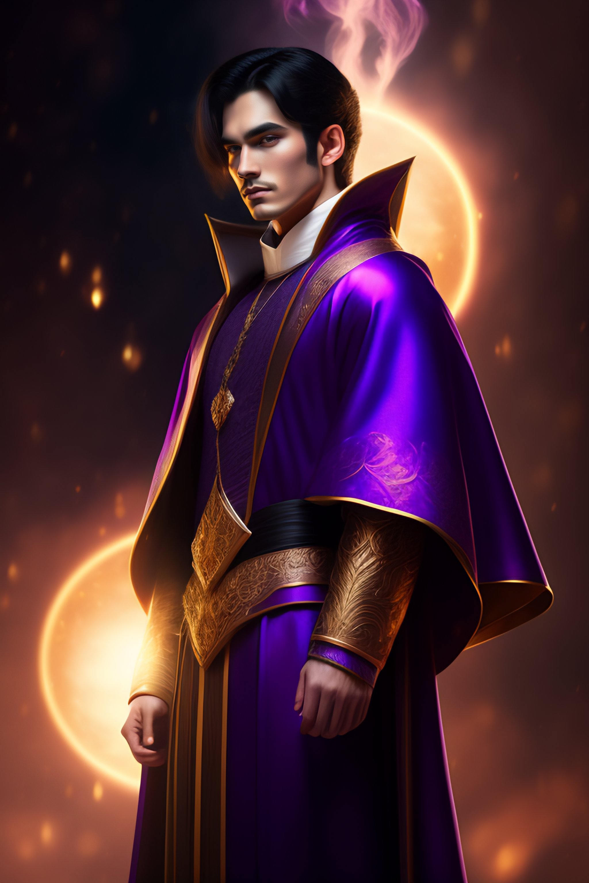 Lexica - Young wizard with black hair and pale skin wearing a purple ...