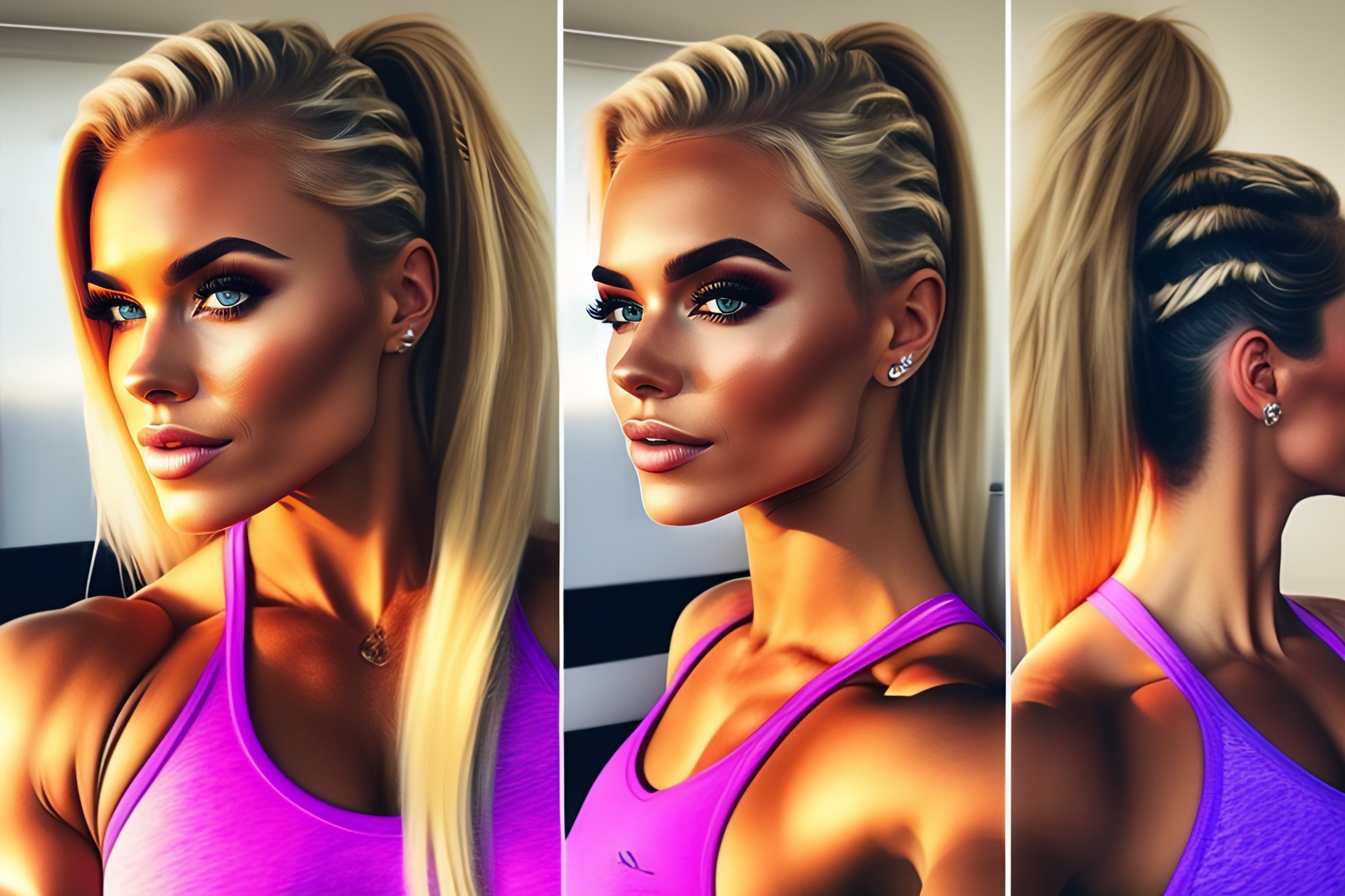 Lexica - Blonde girl on instagram posing in gym clothes, blonde ponytail,  leggins, sports bra, selfi, relistic, photo, full body, fitness,  aesthetic