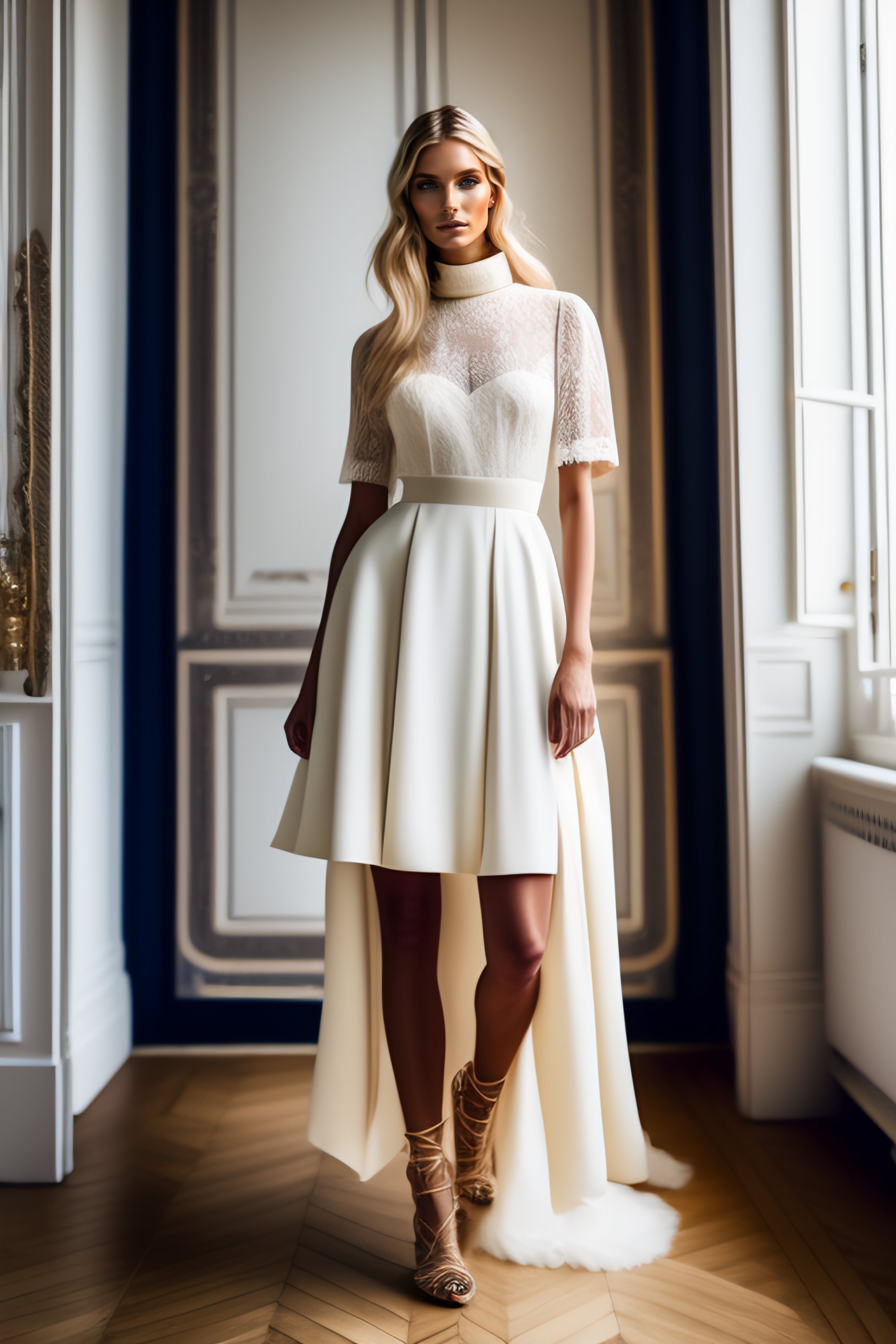 Lexica - Blond fashion model wearing a short wedding dress,ivory corded ...