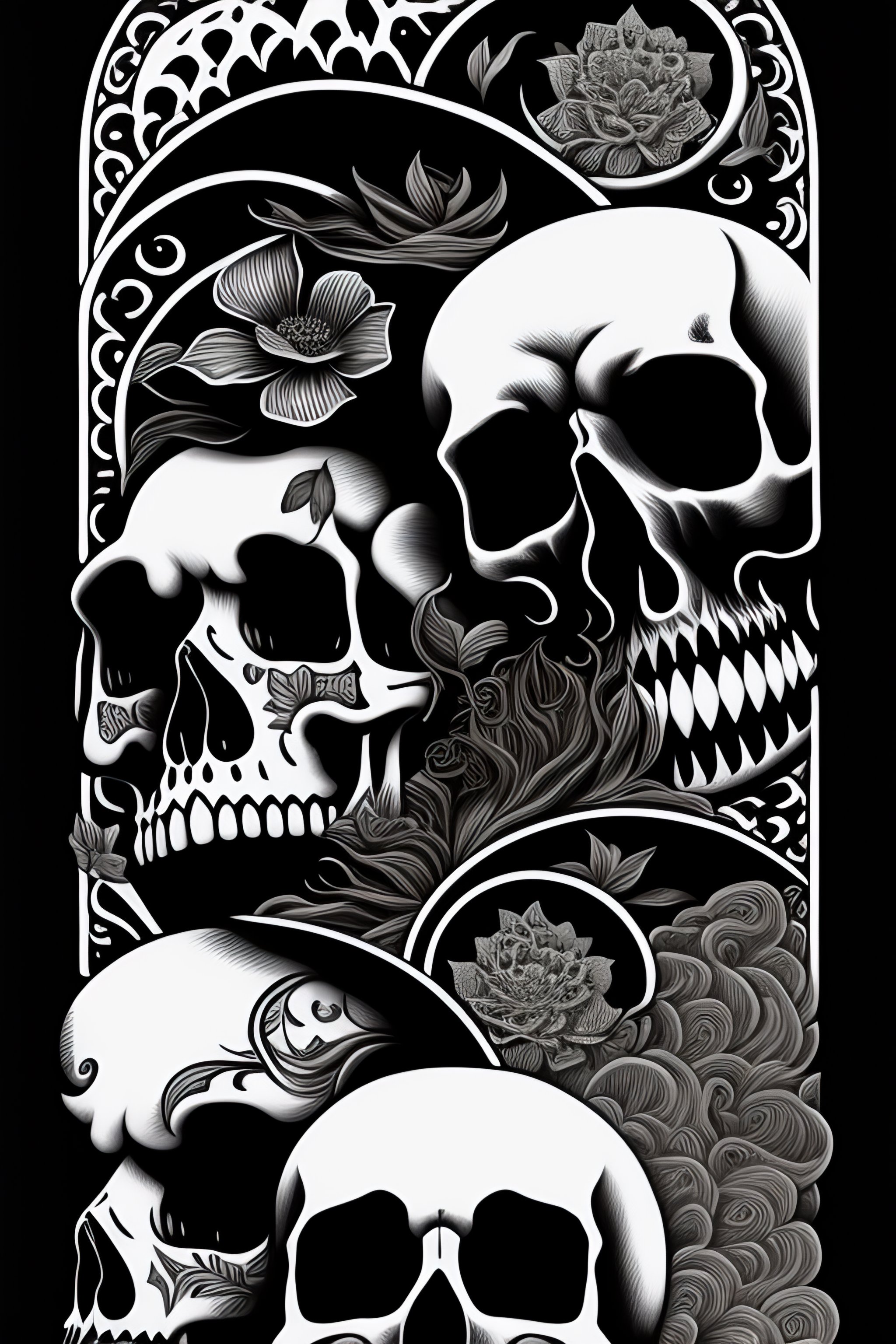 Lexica - A black and white drawing of skulls and flowers, by Ed Roth ...