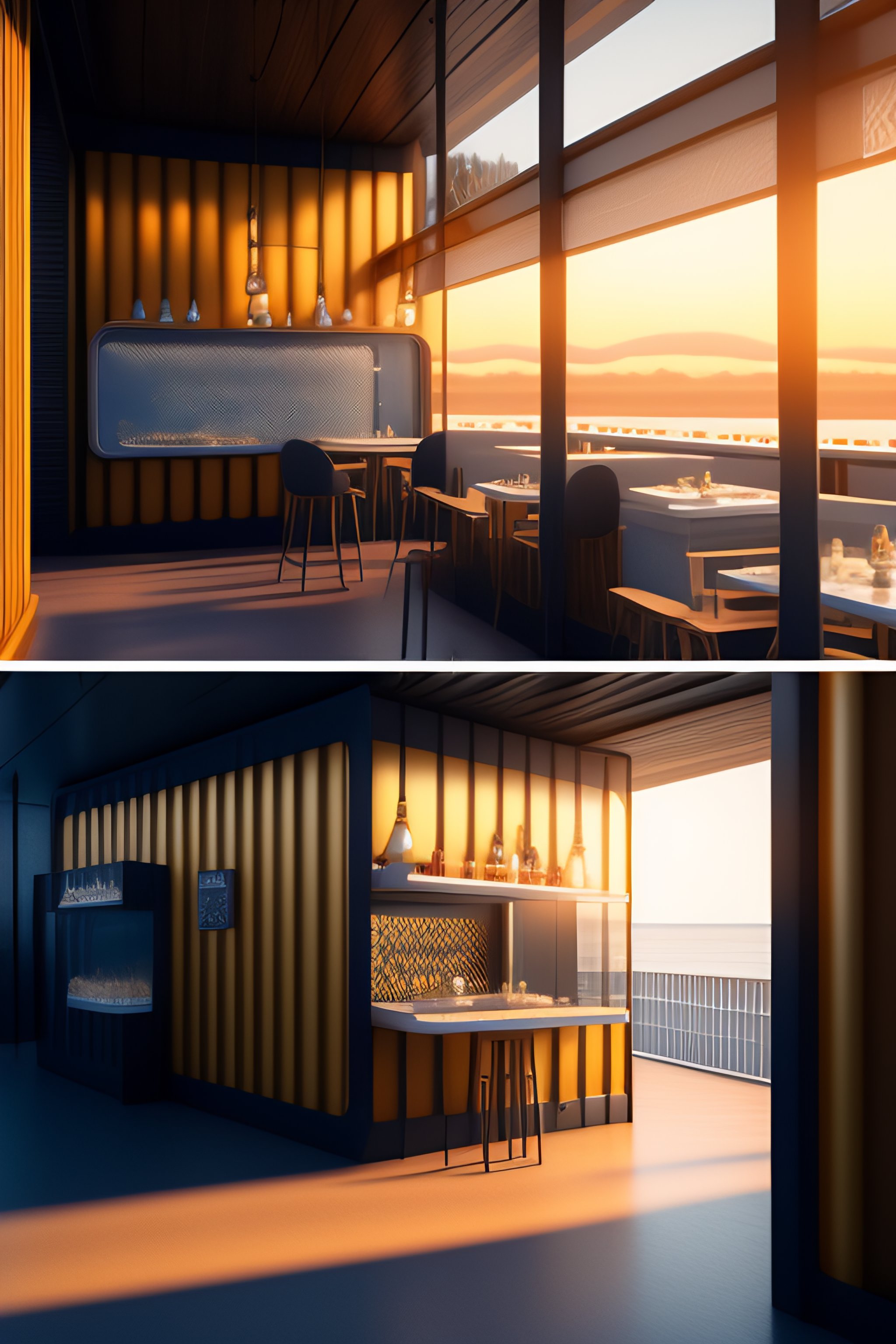 Lexica - Architectural render of a fish restaurant inside a container ...