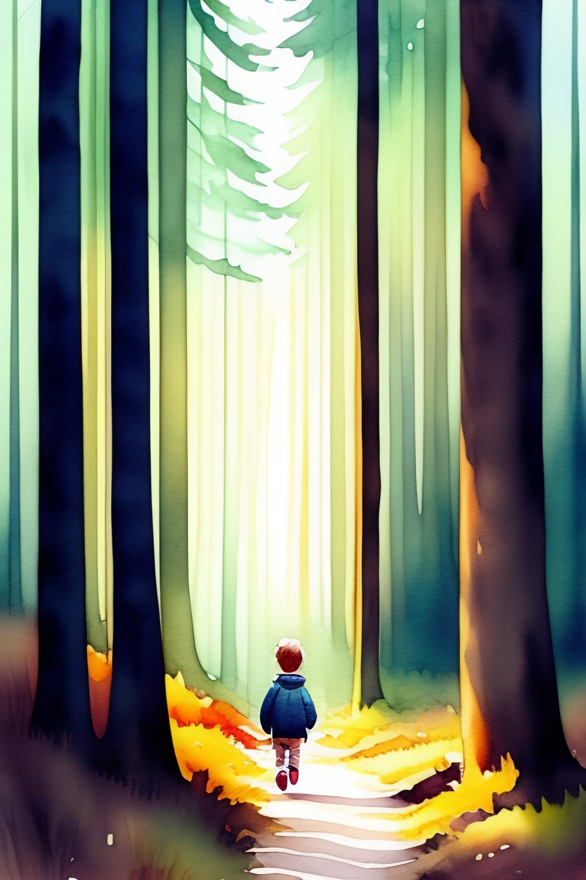 Lexica - Boy walking alone in th forest, illustration, watercolor, the ...