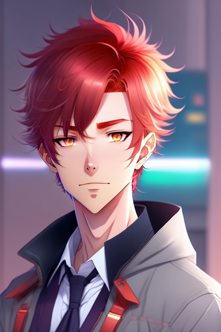 Lexica - A boy,, red hair color, red eye color, 155 cm tall,cute, 2  dimensional, fictional character,anime, He has a female face, image size:768x1152