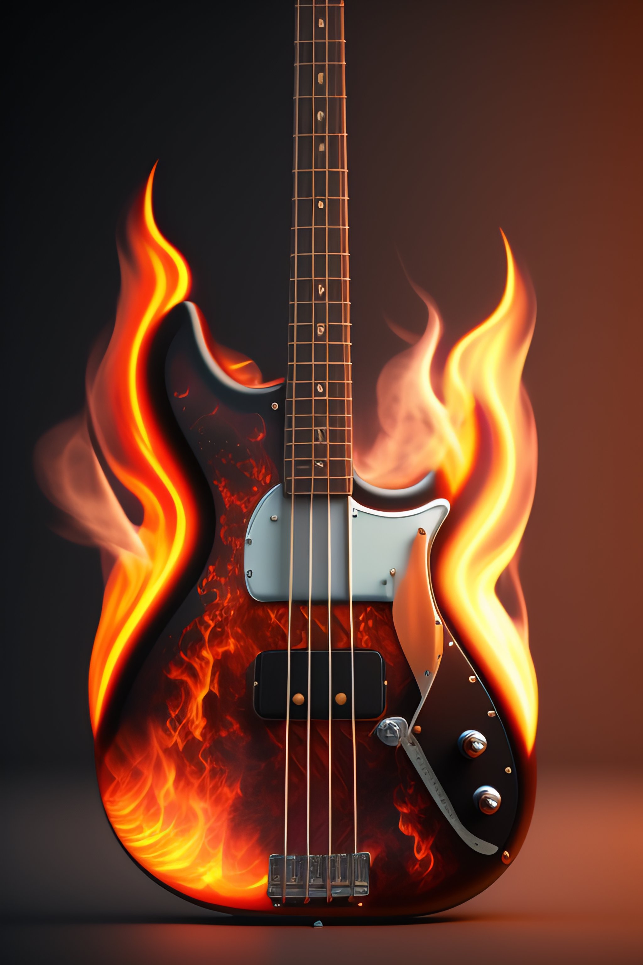 Lexica - Epic white bass guitar with flames, 3D octane render