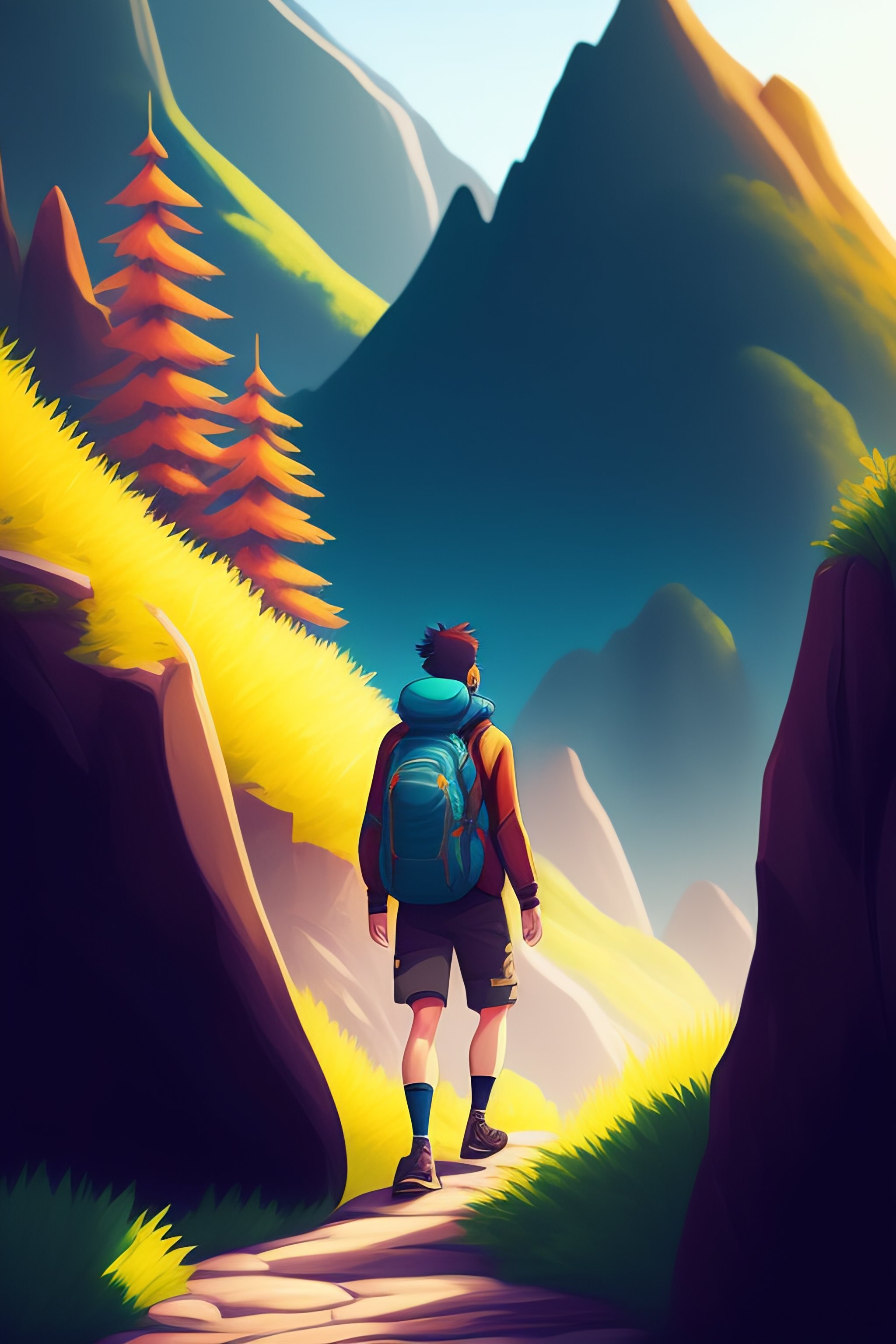 Lexica - Man hiking in a mountain illustration pokemon anime art style