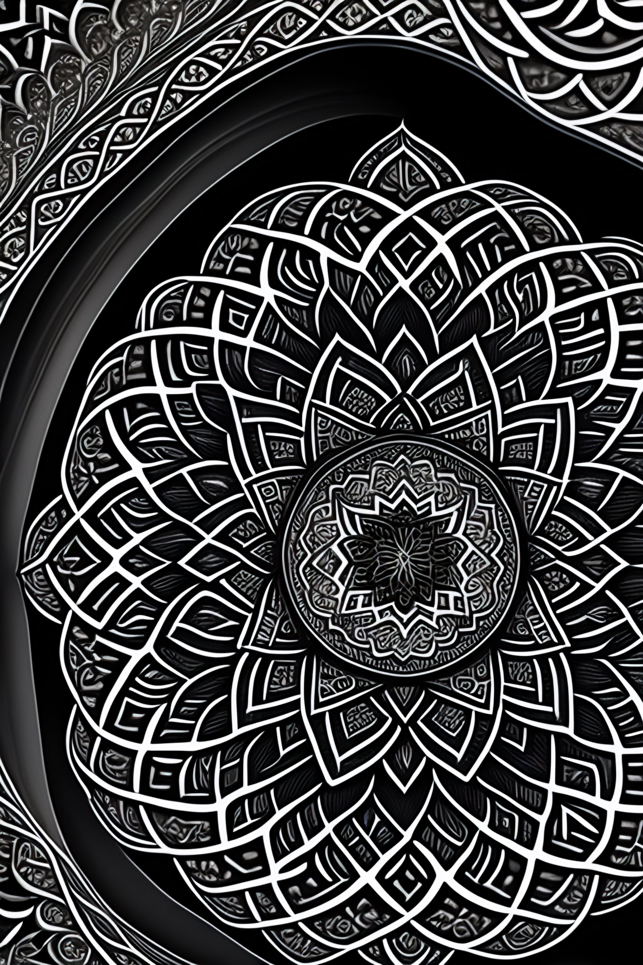 Lexica - Arabic intricate details, black and white, 2d, mandala style