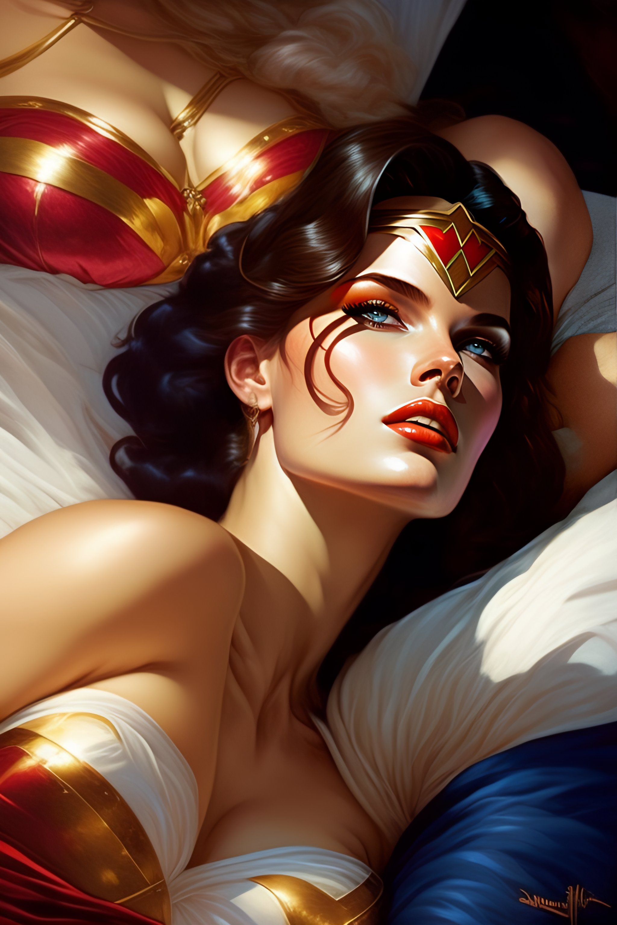 Lexica - Wonder woman laying on bed with her lover harley quinn and holding  her art by greg rutkowski and alphonse mucha