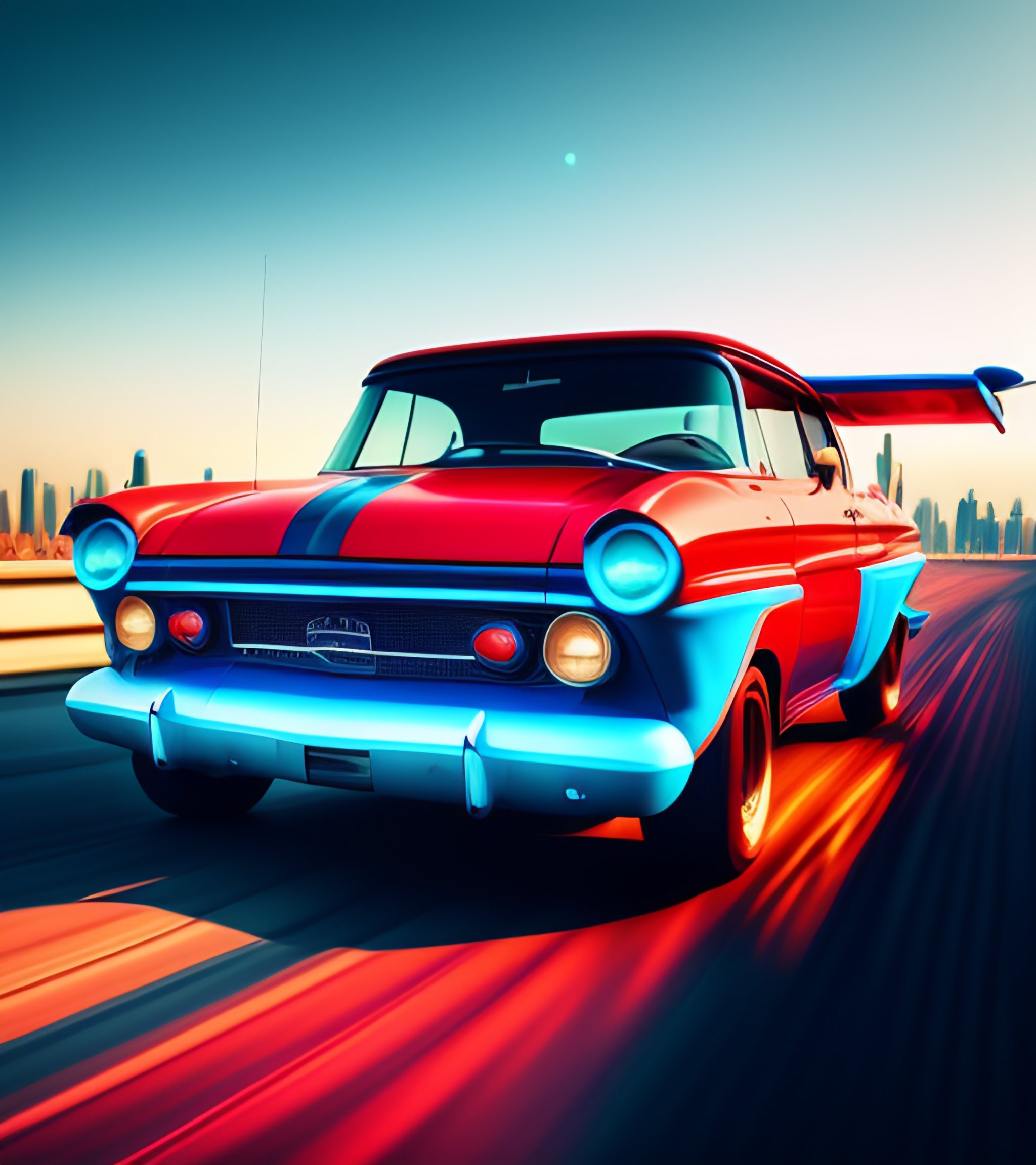 Lexica - A bright blue and red flying car over a city