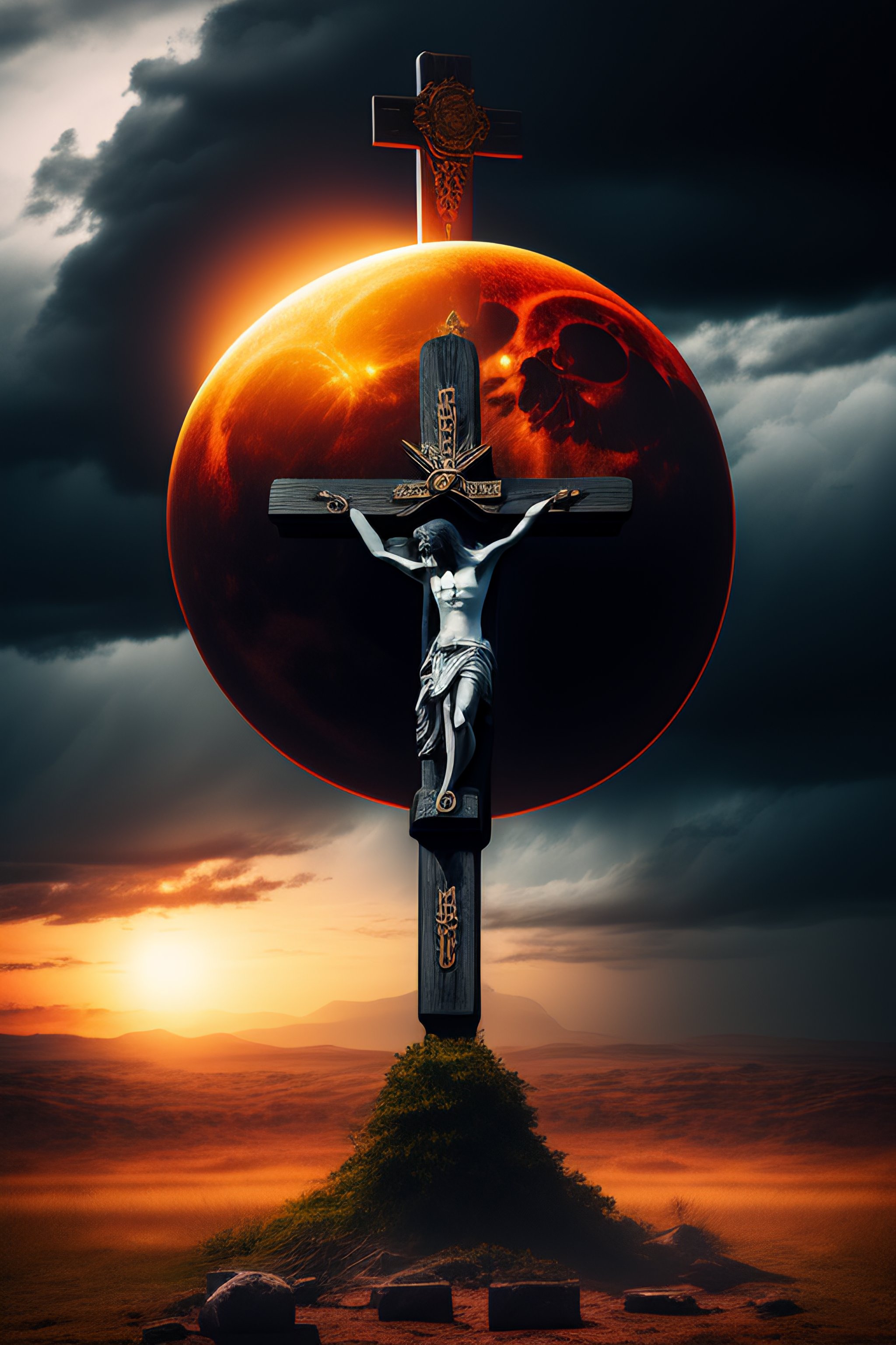 Lexica Memento mori, latin text, cyperpunk, scene of the crucifixion